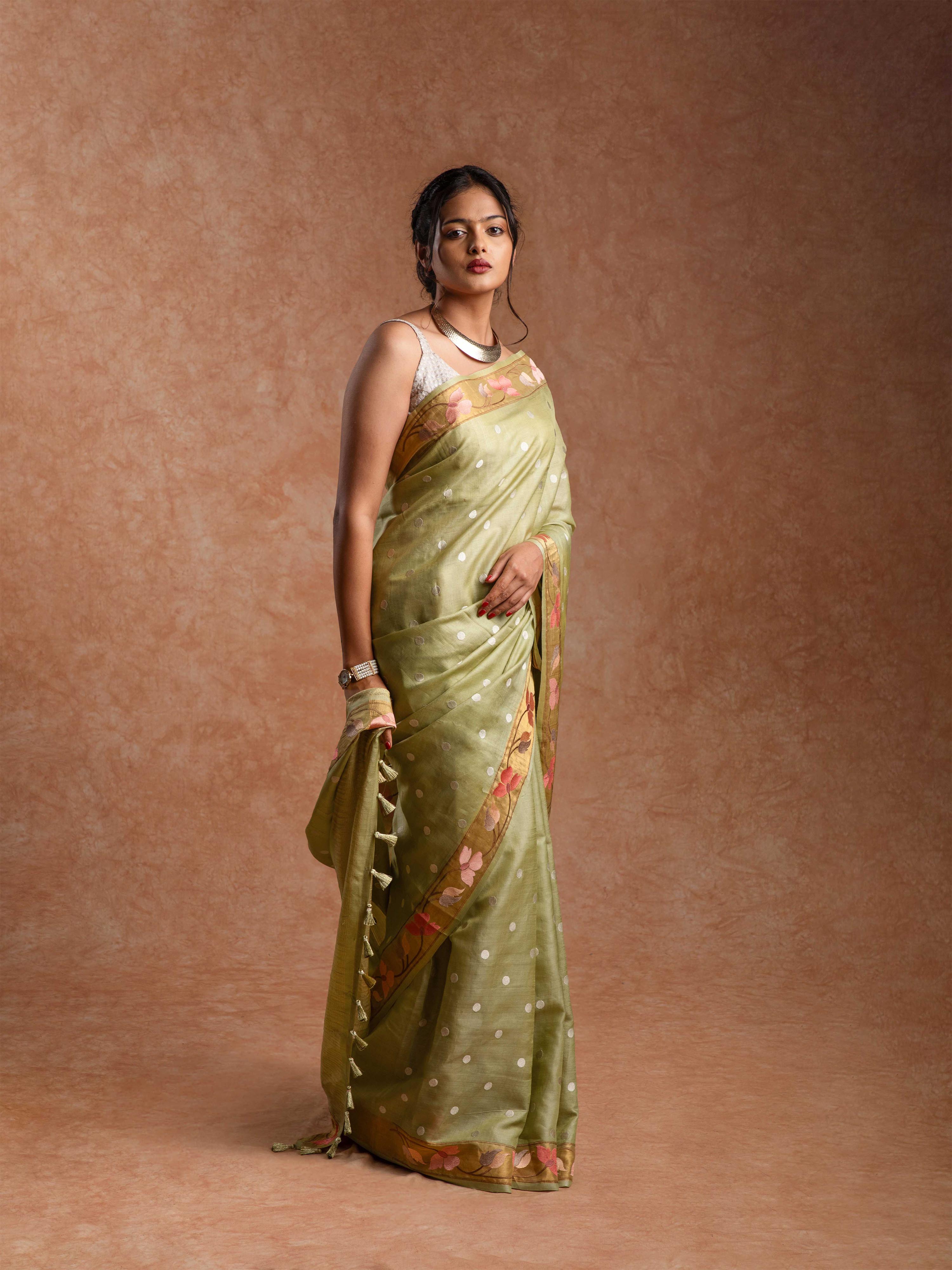 Tussar Silk Embroidered Saree in Champagne Sage