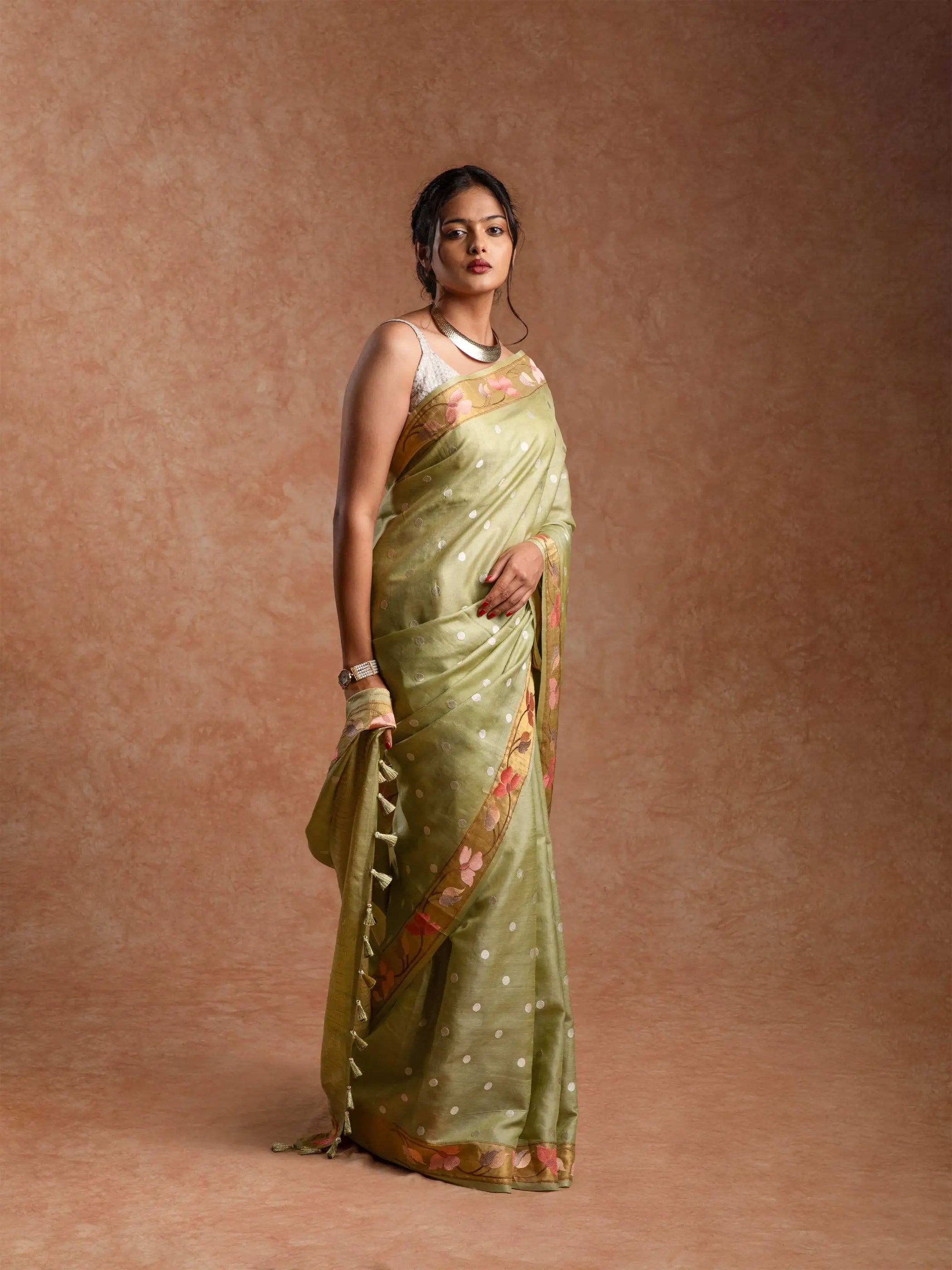Tussar Silk Woven Saree in Champagne Sage