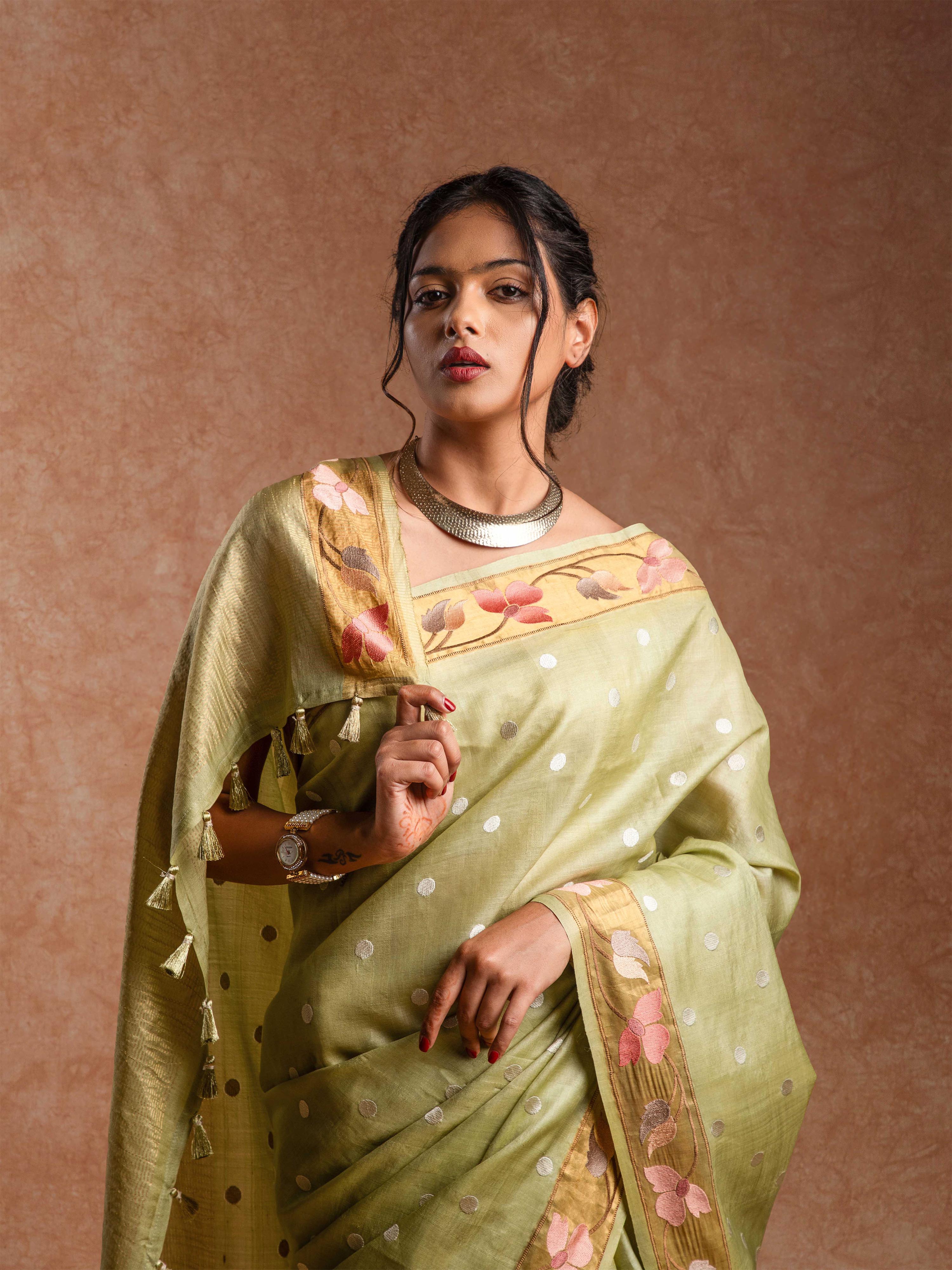Tussar Silk Embroidered Saree in Champagne Sage