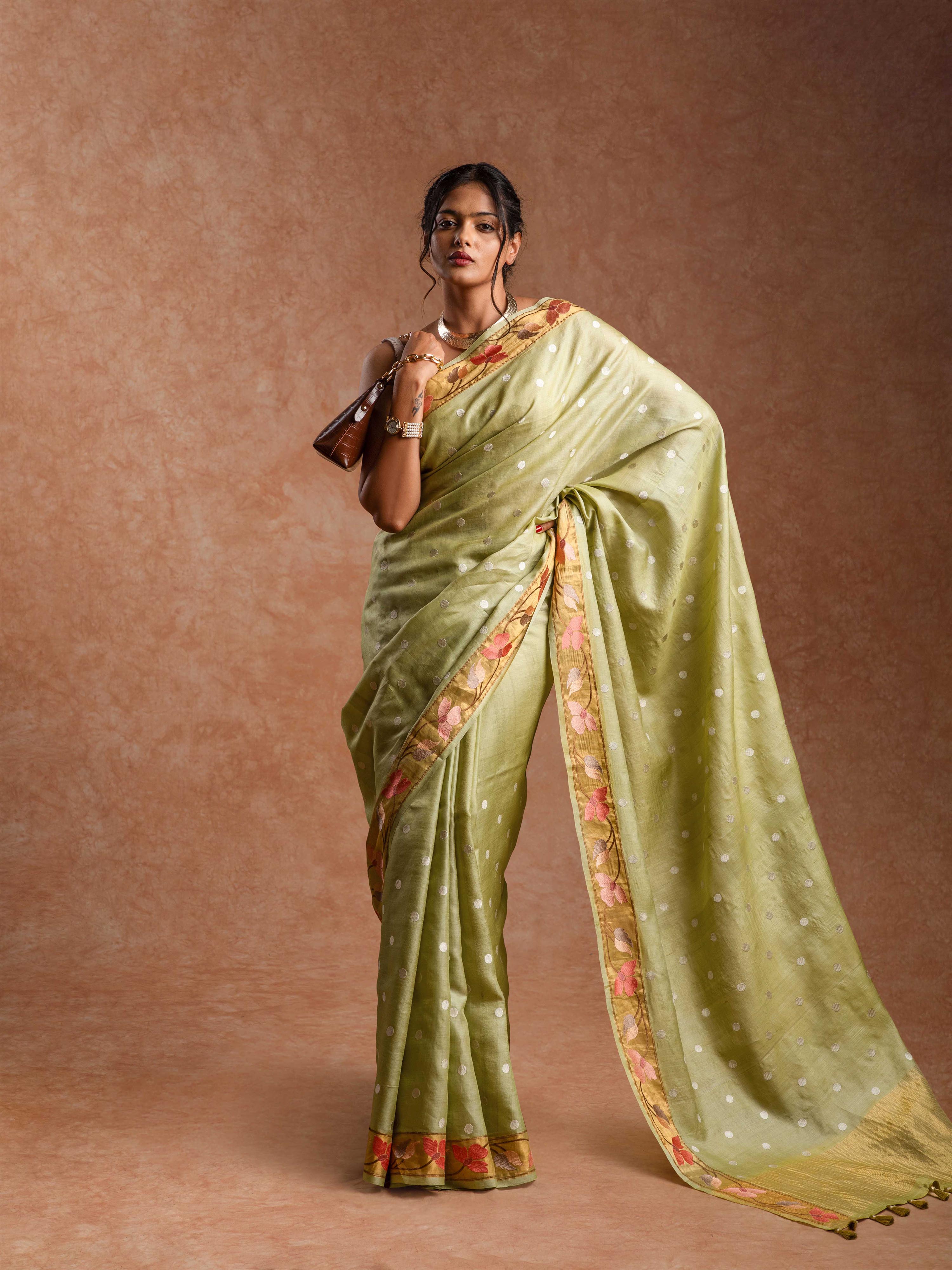 Tussar Silk Embroidered Saree in Champagne Sage