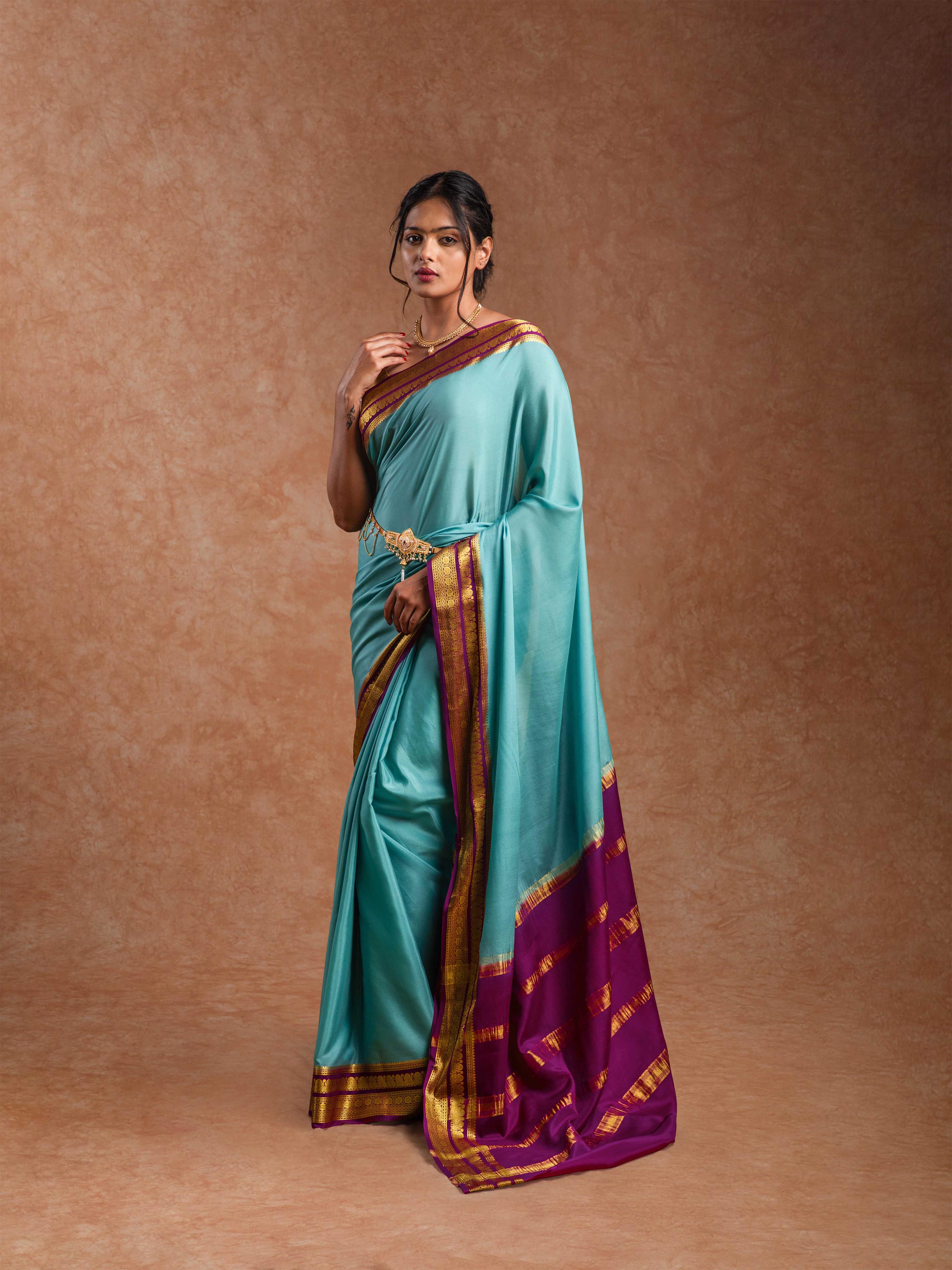Mysore Crepe Silk Plain Saree in Imperial Aqua