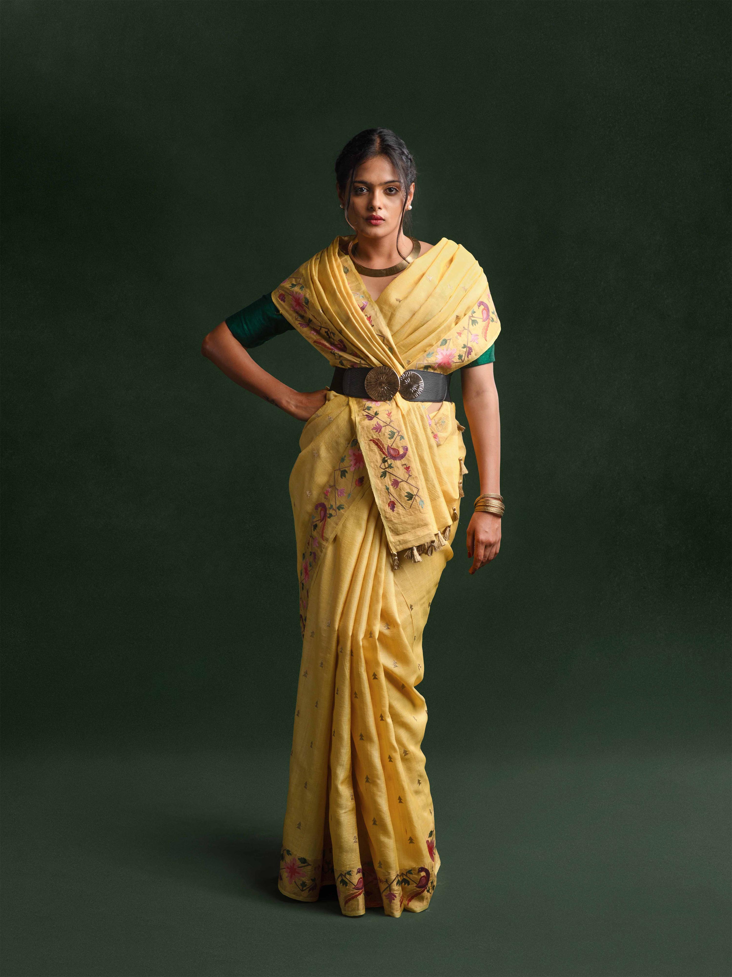 Tussar Silk Embroidered Saree in Antique Marigold