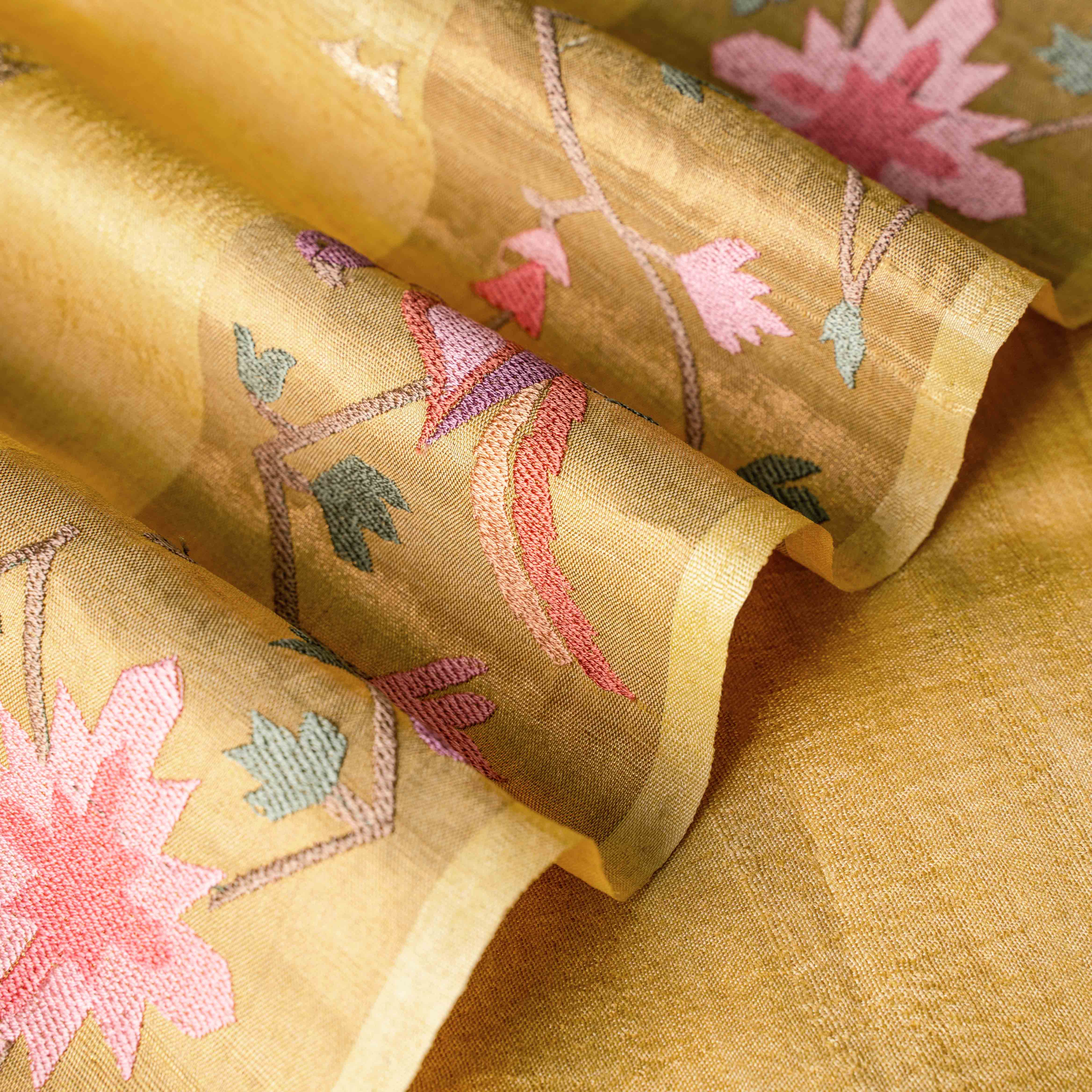 Tussar Silk Embroidered Saree in Antique Marigold