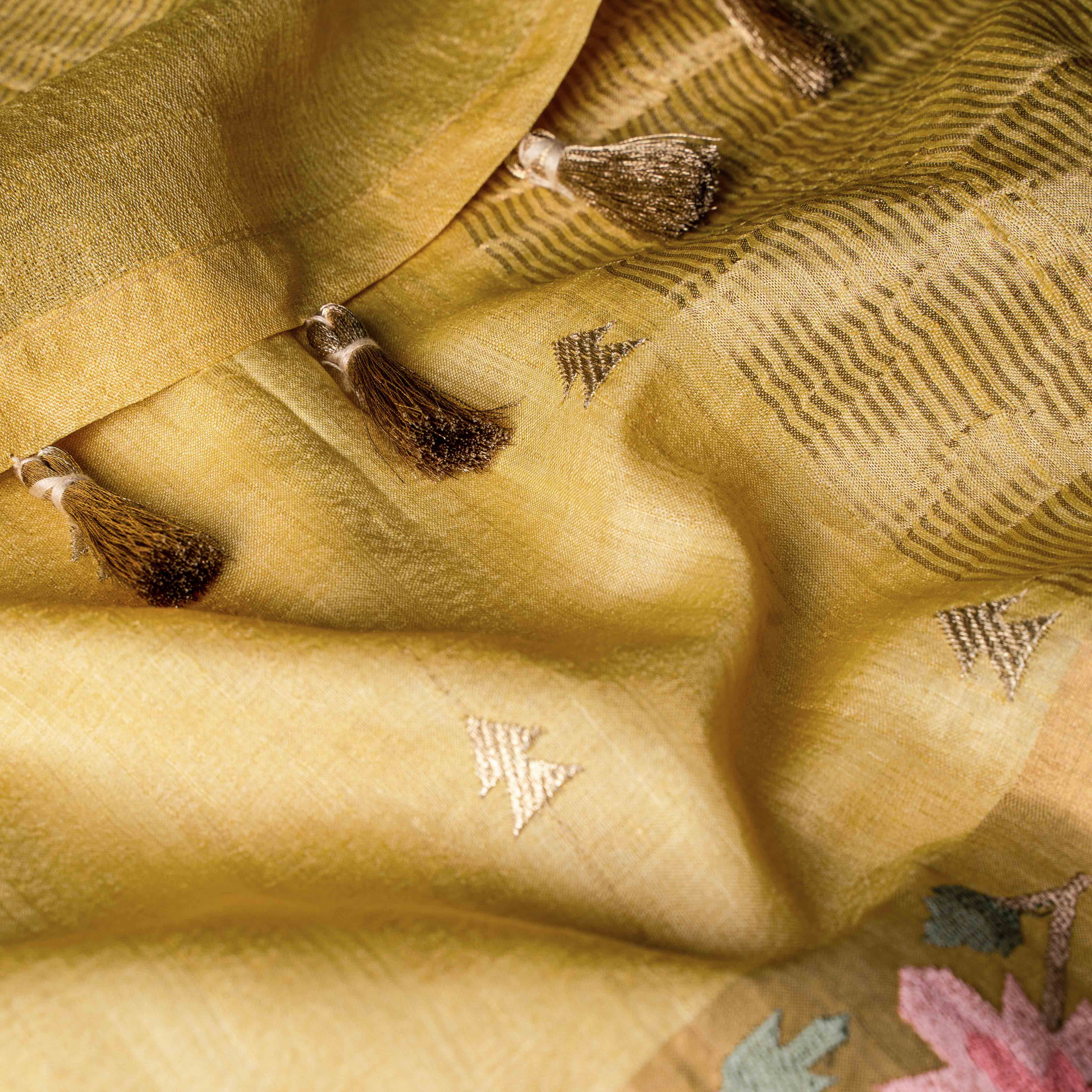 Tussar Silk Embroidered Saree in Antique Marigold