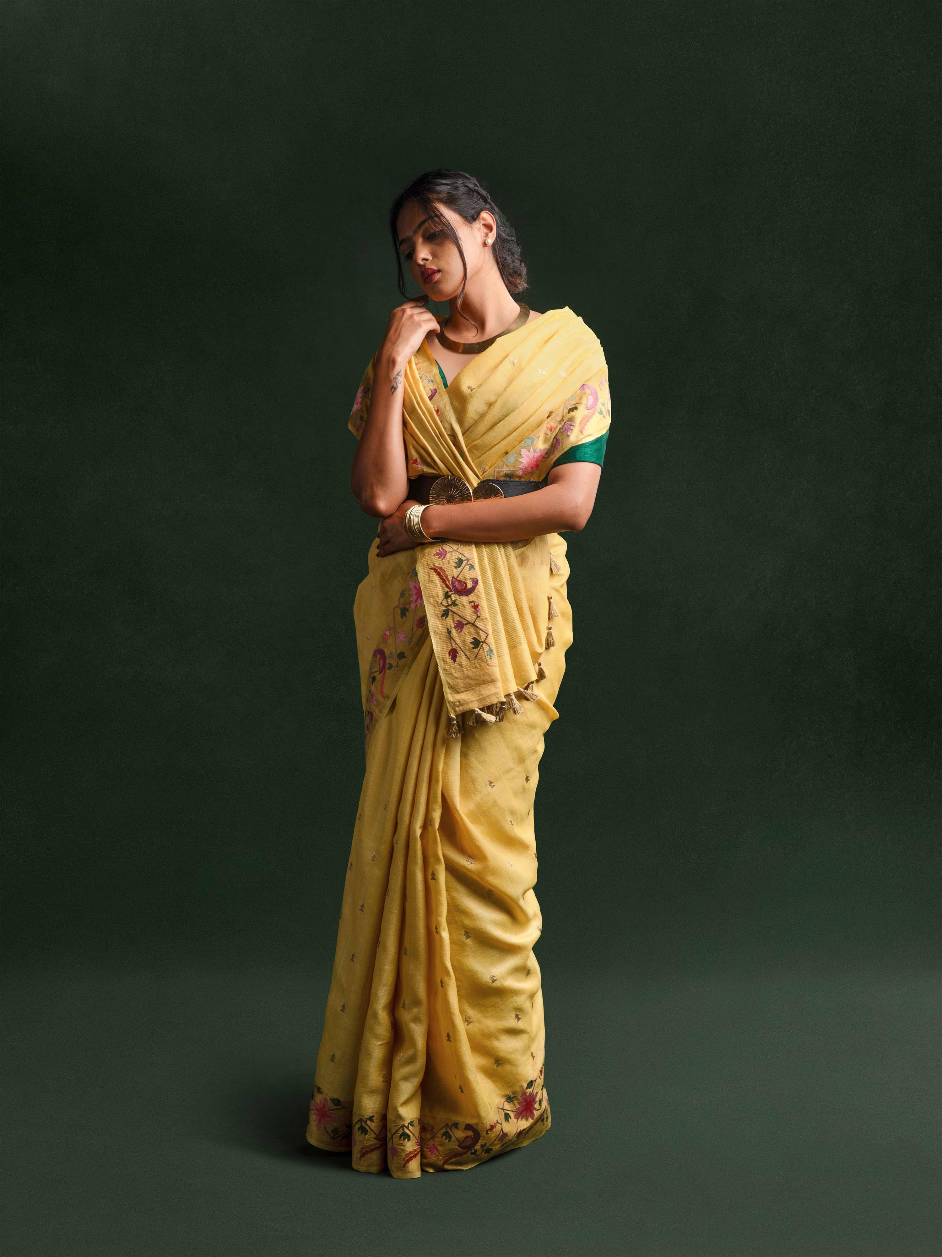 Tussar Silk Embroidered Saree in Antique Marigold