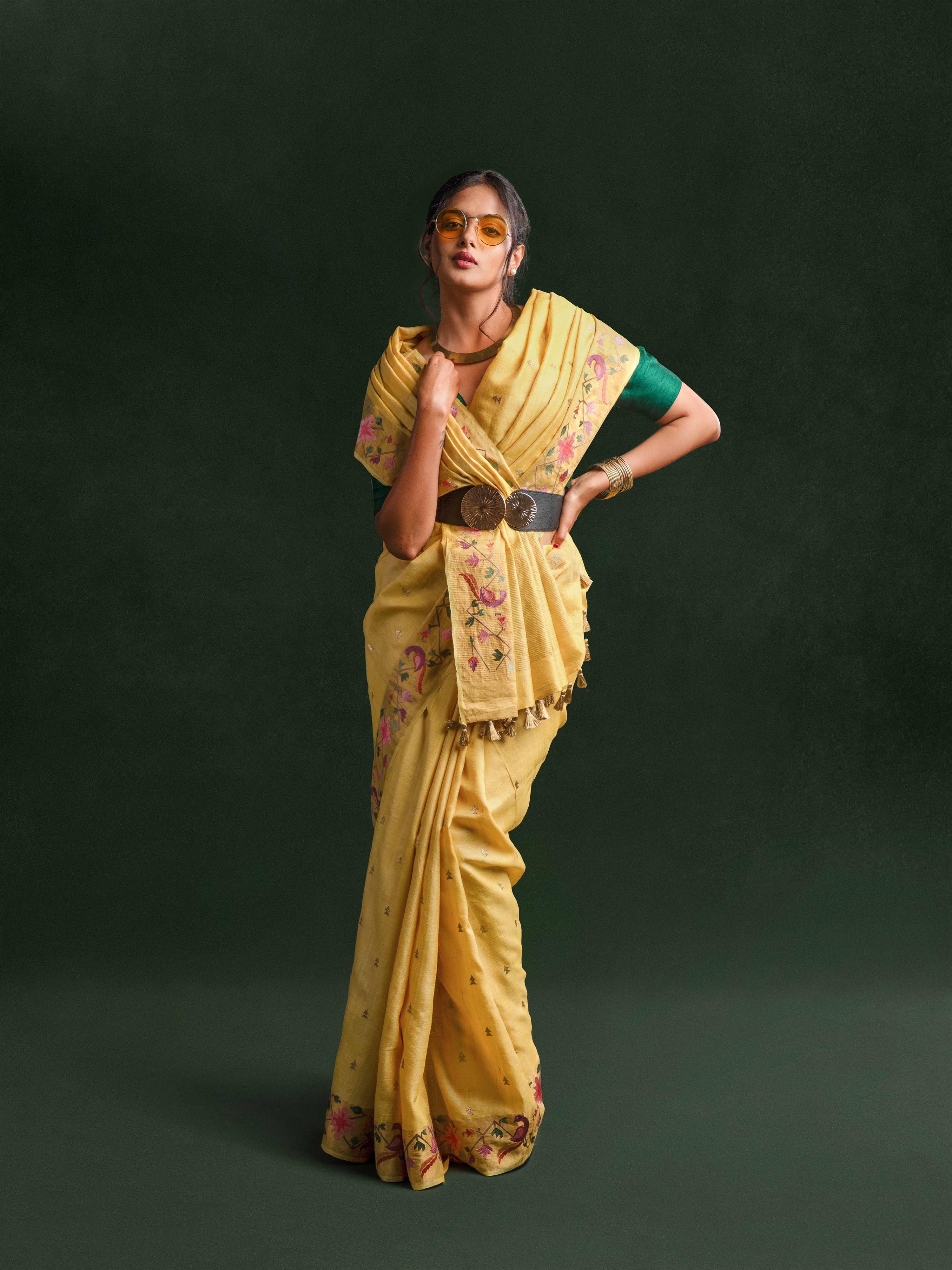 Tussar Silk Embroidered Saree in Antique Marigold