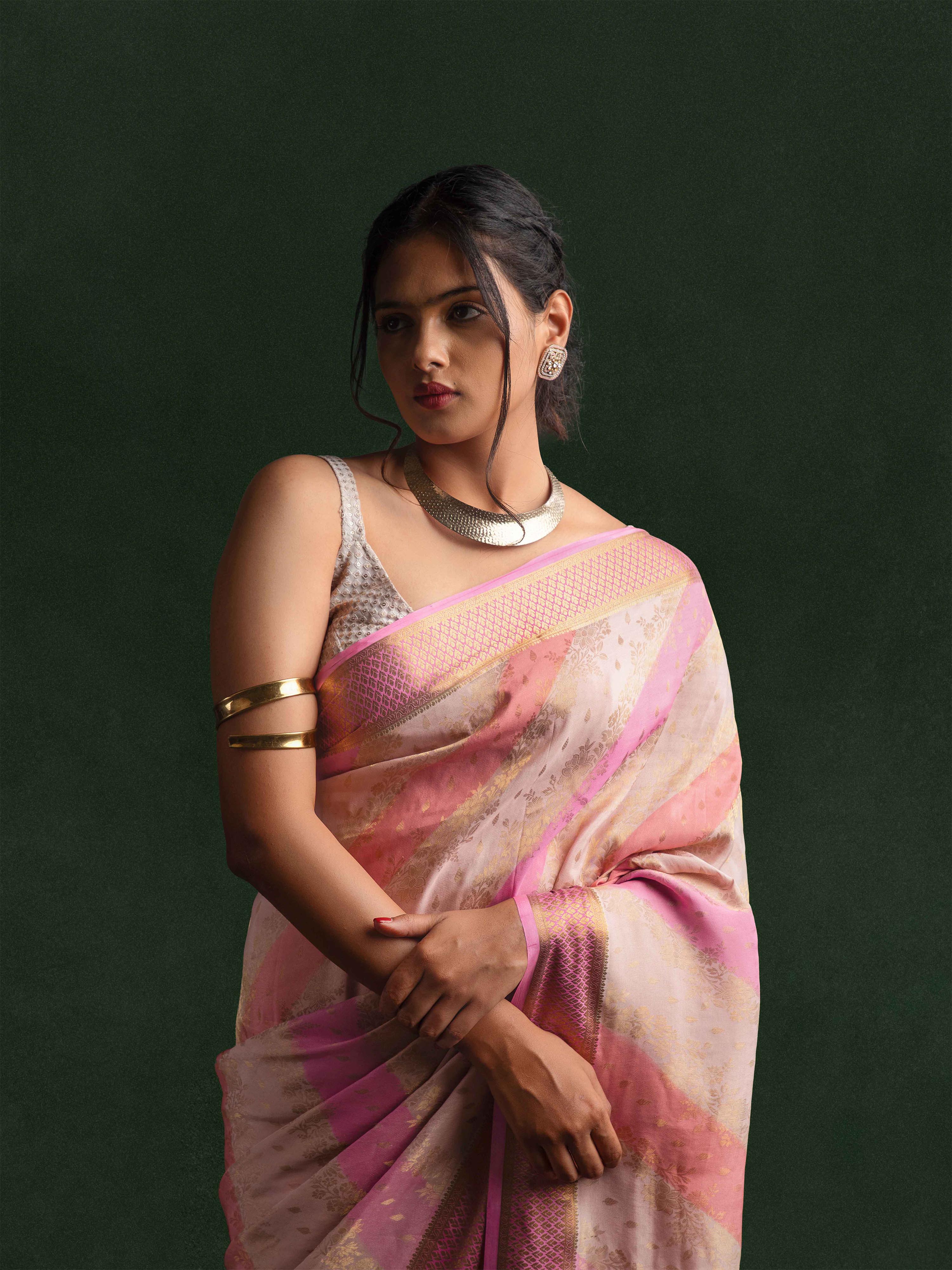 Mysore Crepe Silk Striped Saree in Rose Quartz & Gold