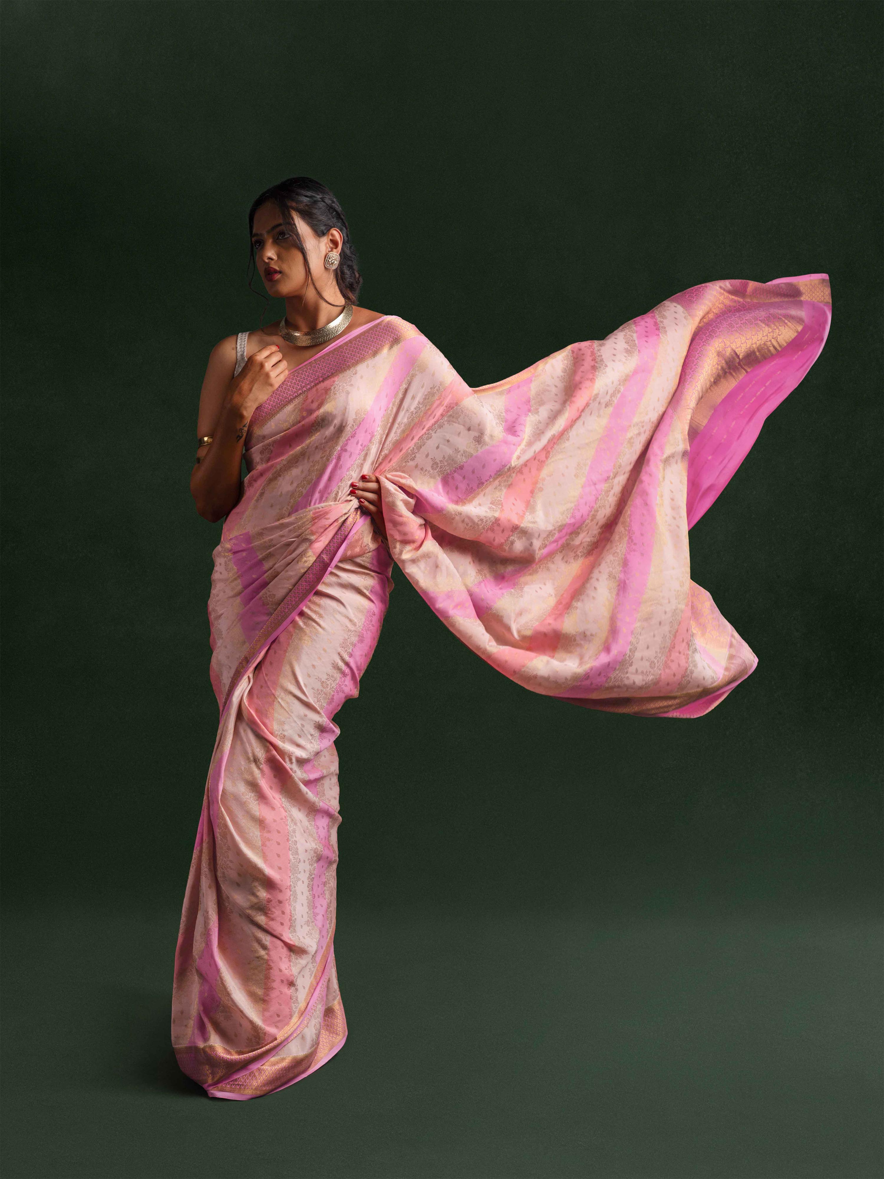 Mysore Crepe Silk Striped Saree in Rose Quartz & Gold