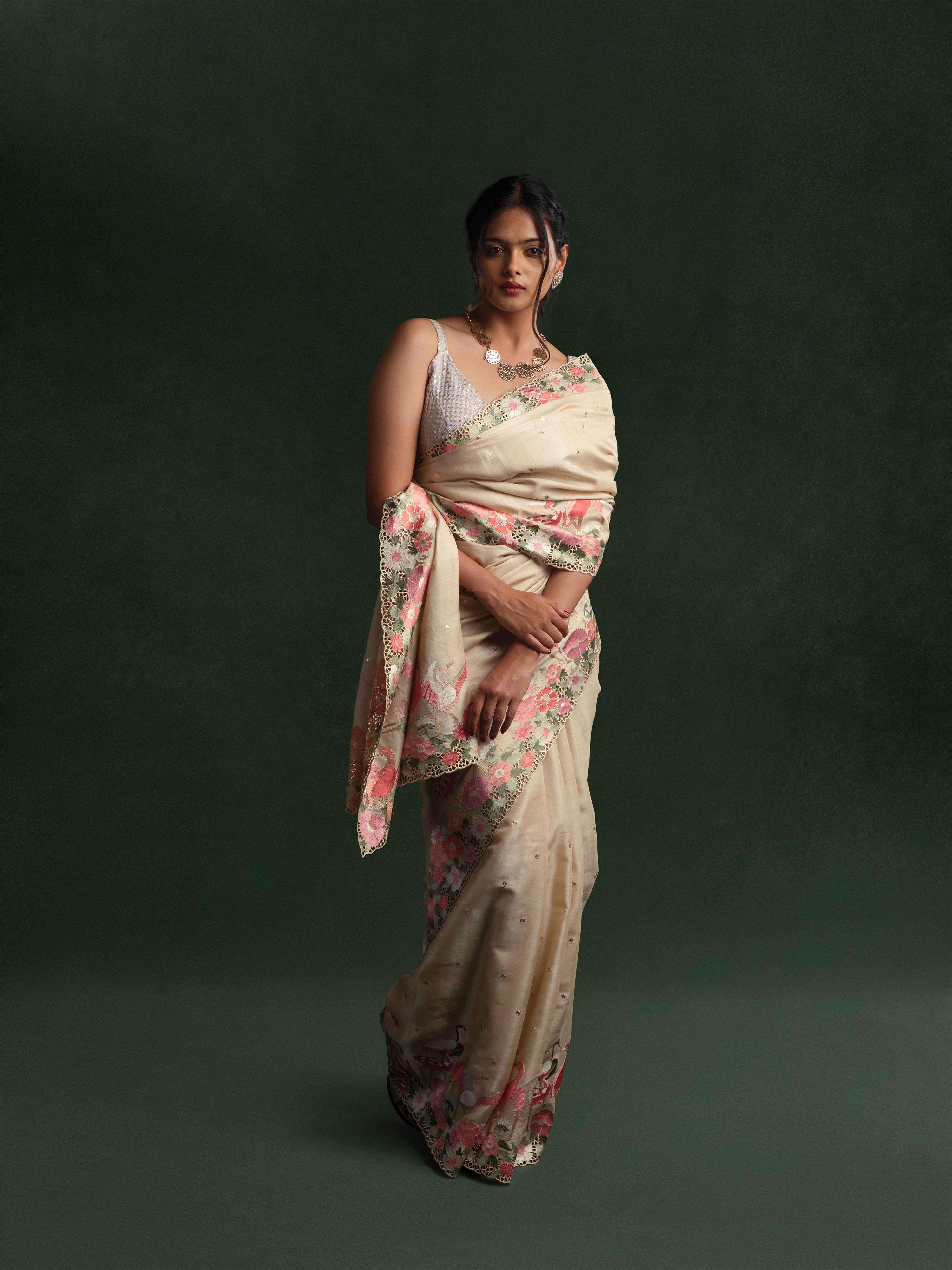 Tussar Silk Embroidered Cut-work Saree in Porcelain Ivory