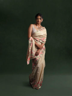 Tussar Silk Embroidered Cut-work Saree in Porcelain Ivory