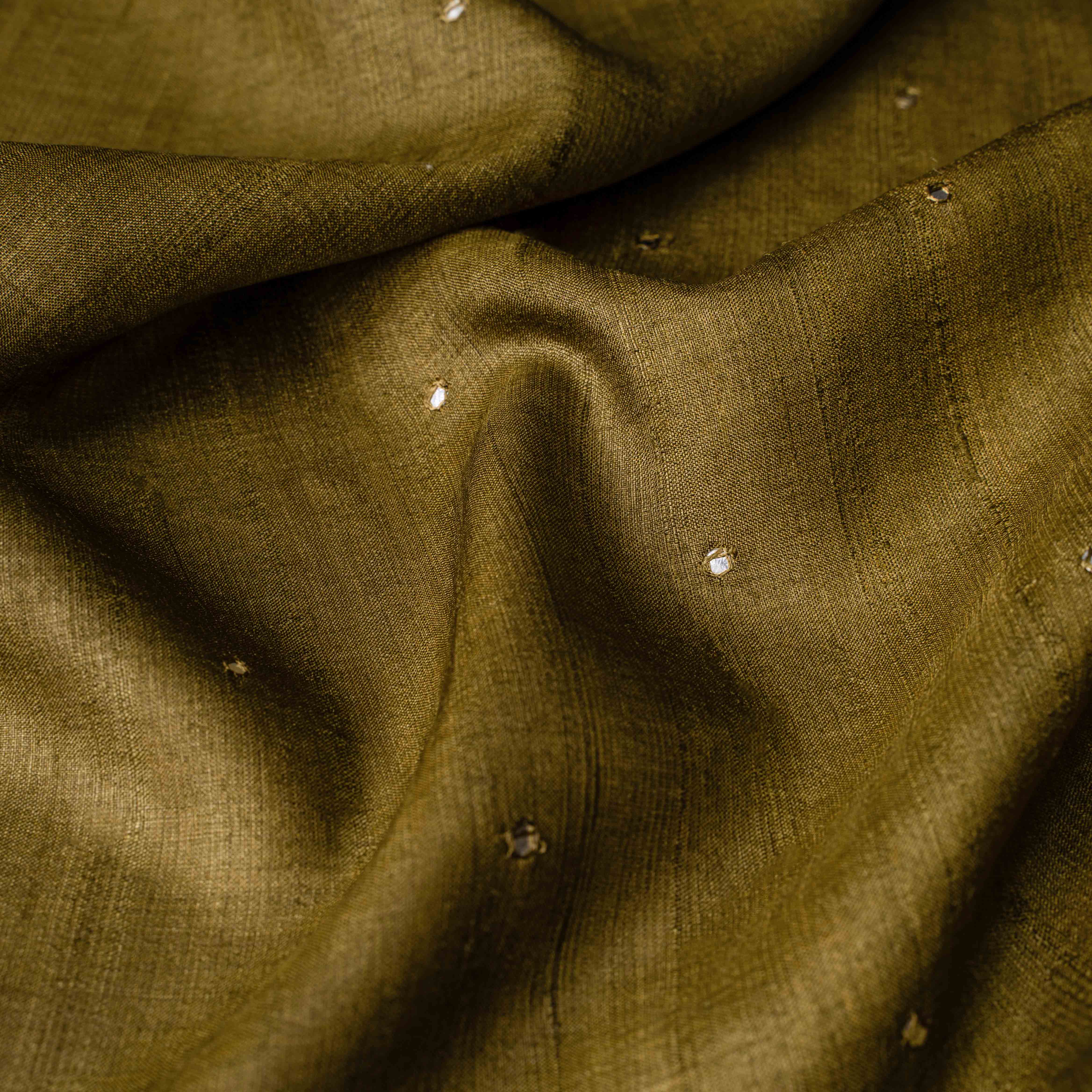 Tussar Silk Embroidered Cut-work Saree in Antique Olive