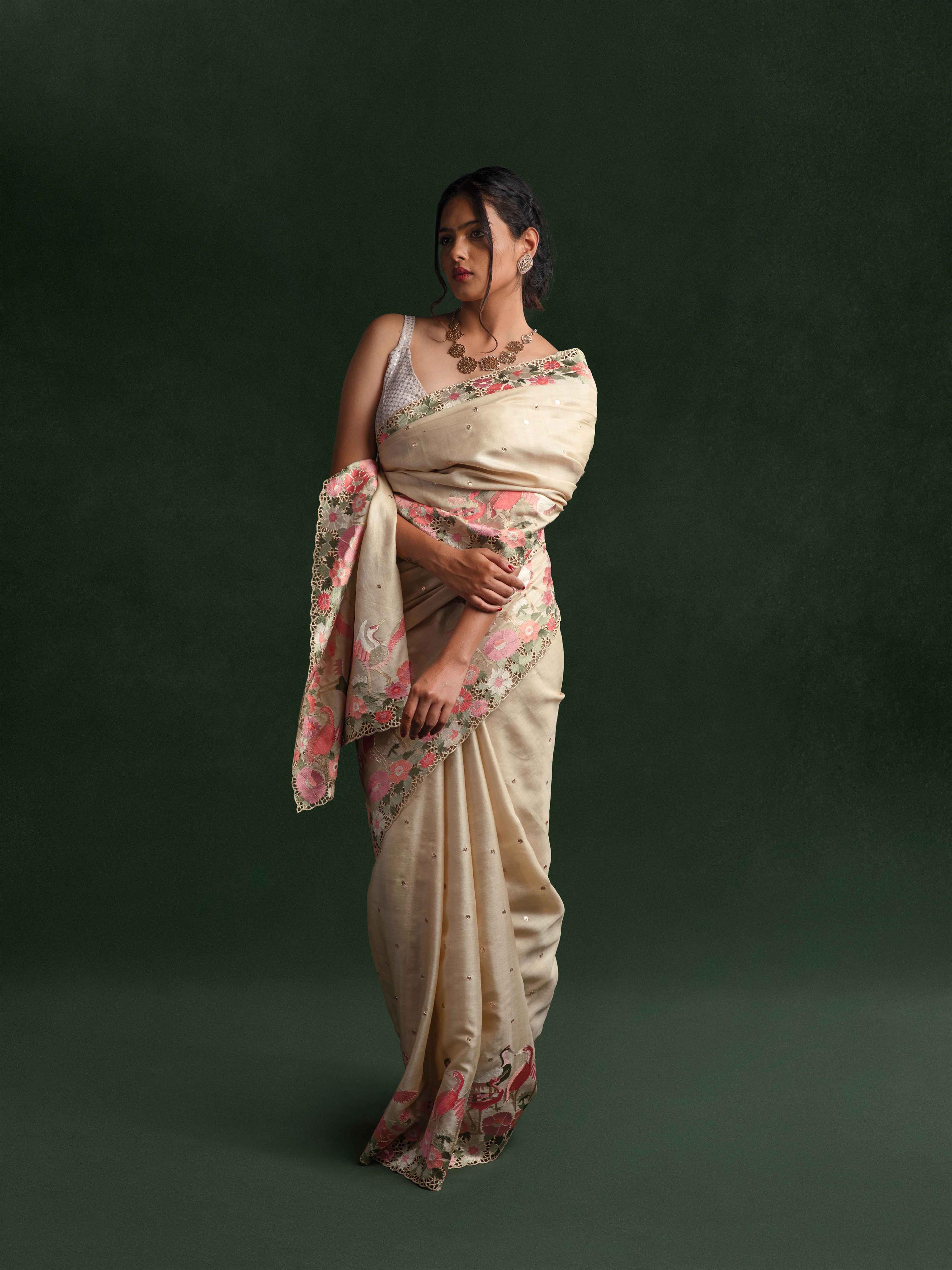 Tussar Silk Embroidered Cut-work Saree in Porcelain Ivory