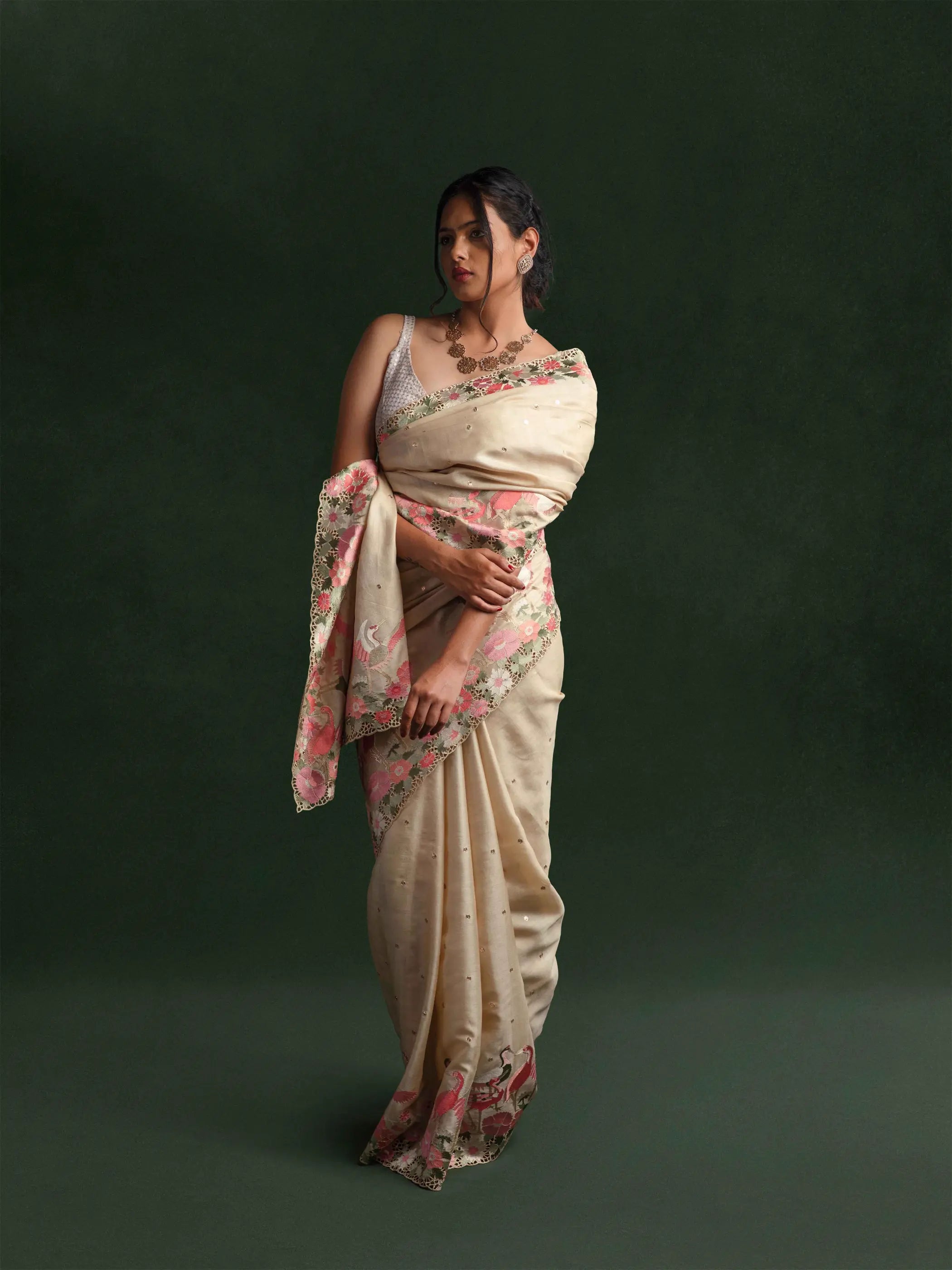 Tussar Silk Embroidered Cut-work Saree in Porcelain Ivory
