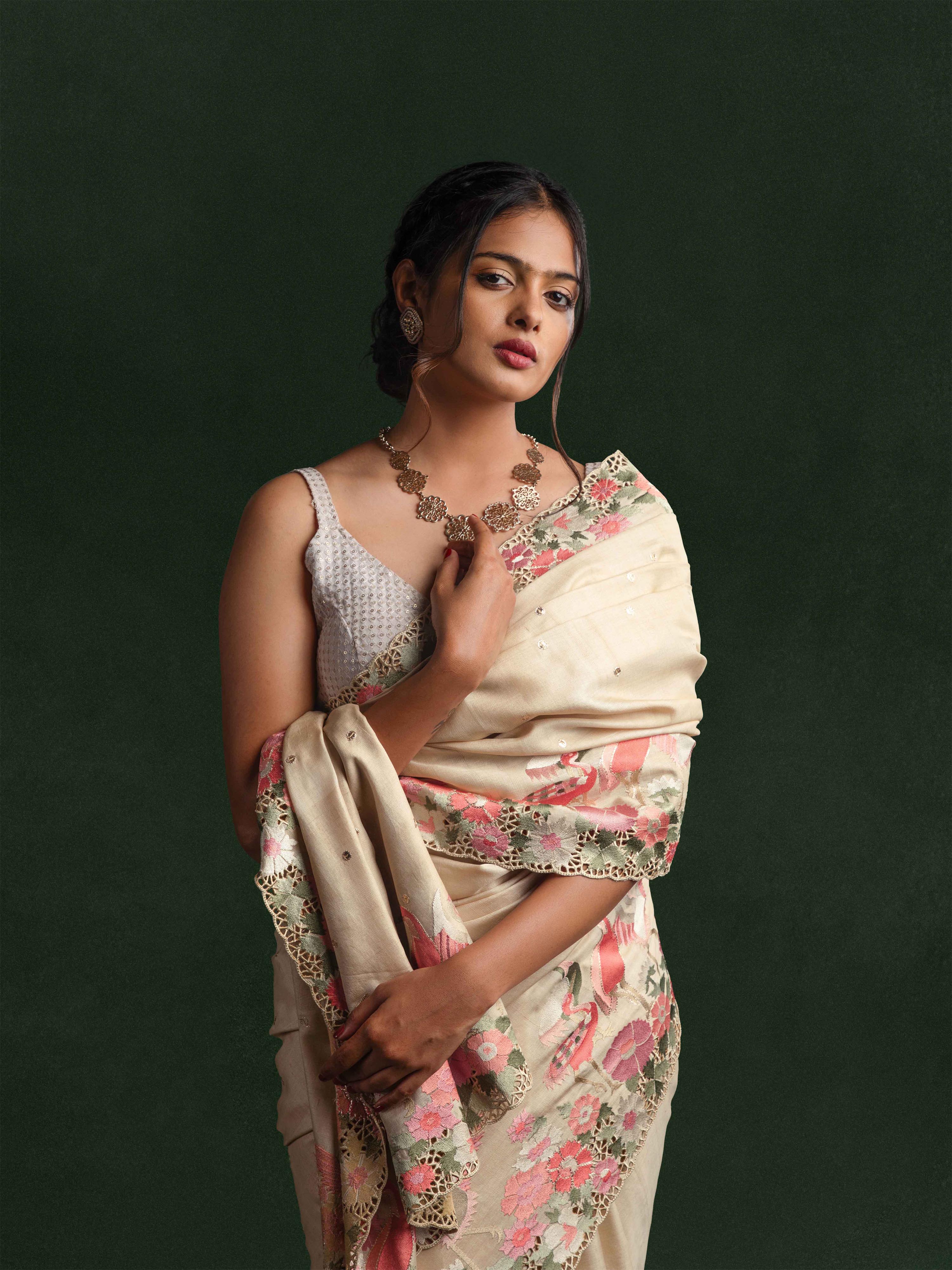 Tussar Silk Embroidered Cut-work Saree in Porcelain Ivory
