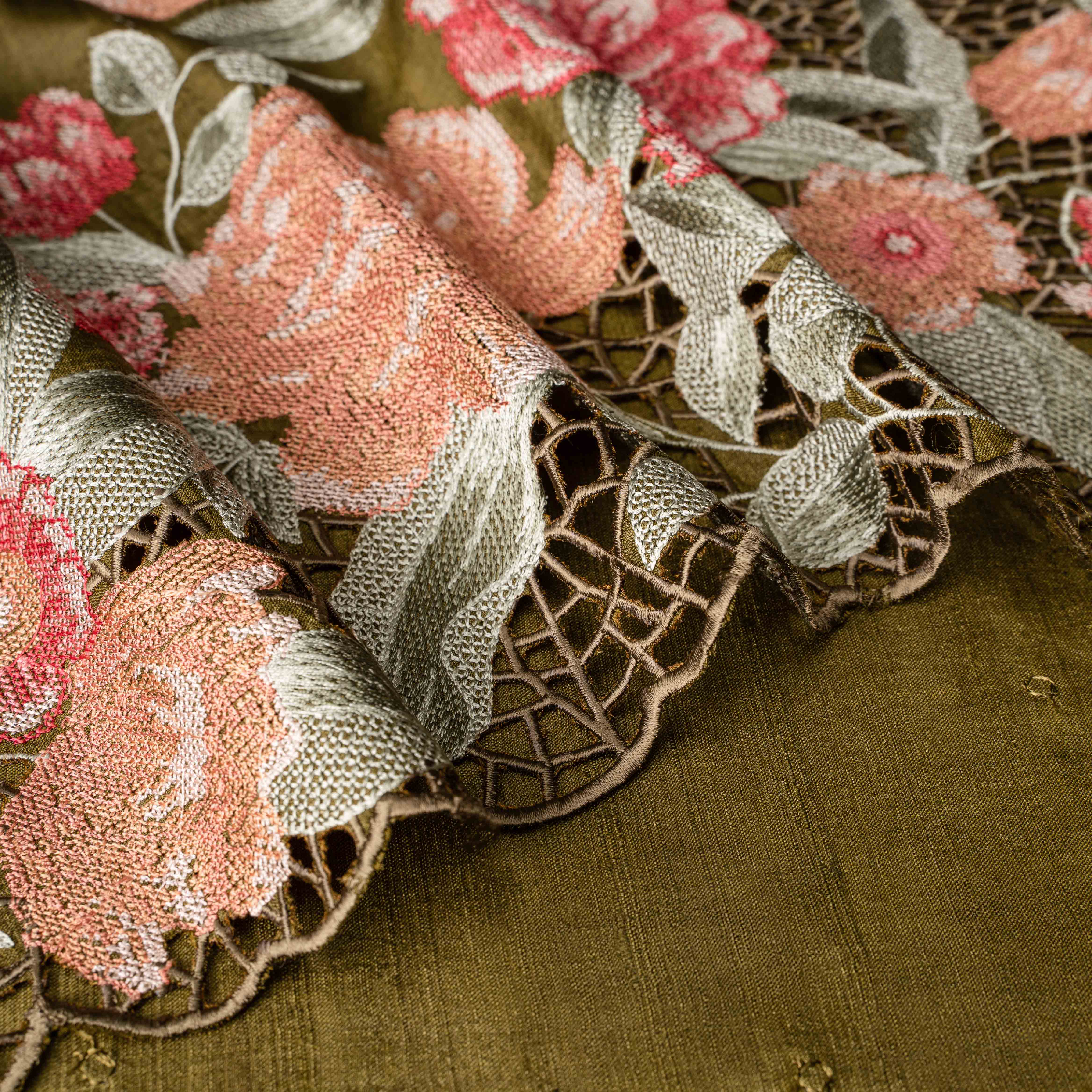 Tussar Silk Embroidered Cut-work Saree in Antique Olive