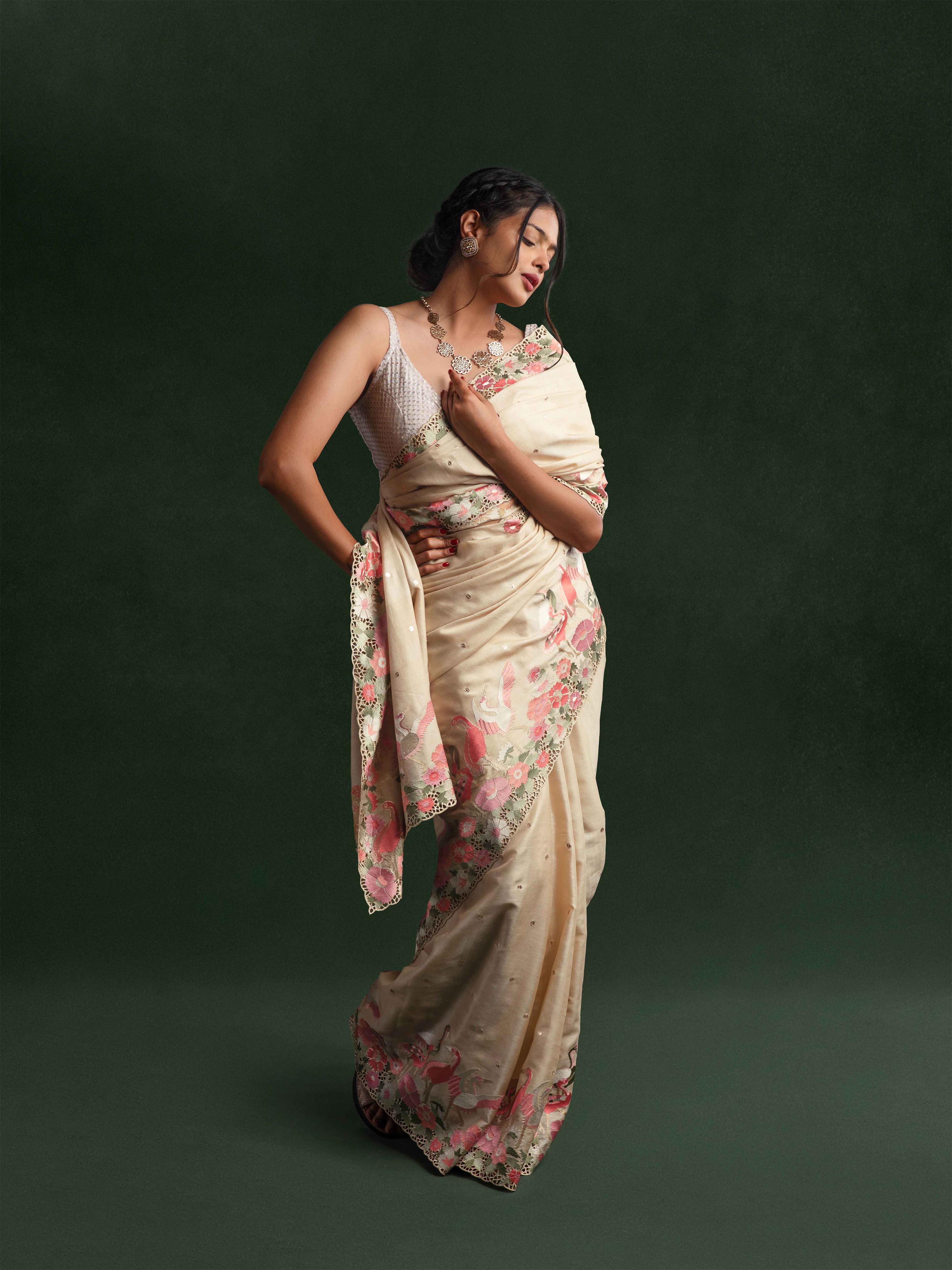 Tussar Silk Embroidered Cut-work Saree in Porcelain Ivory