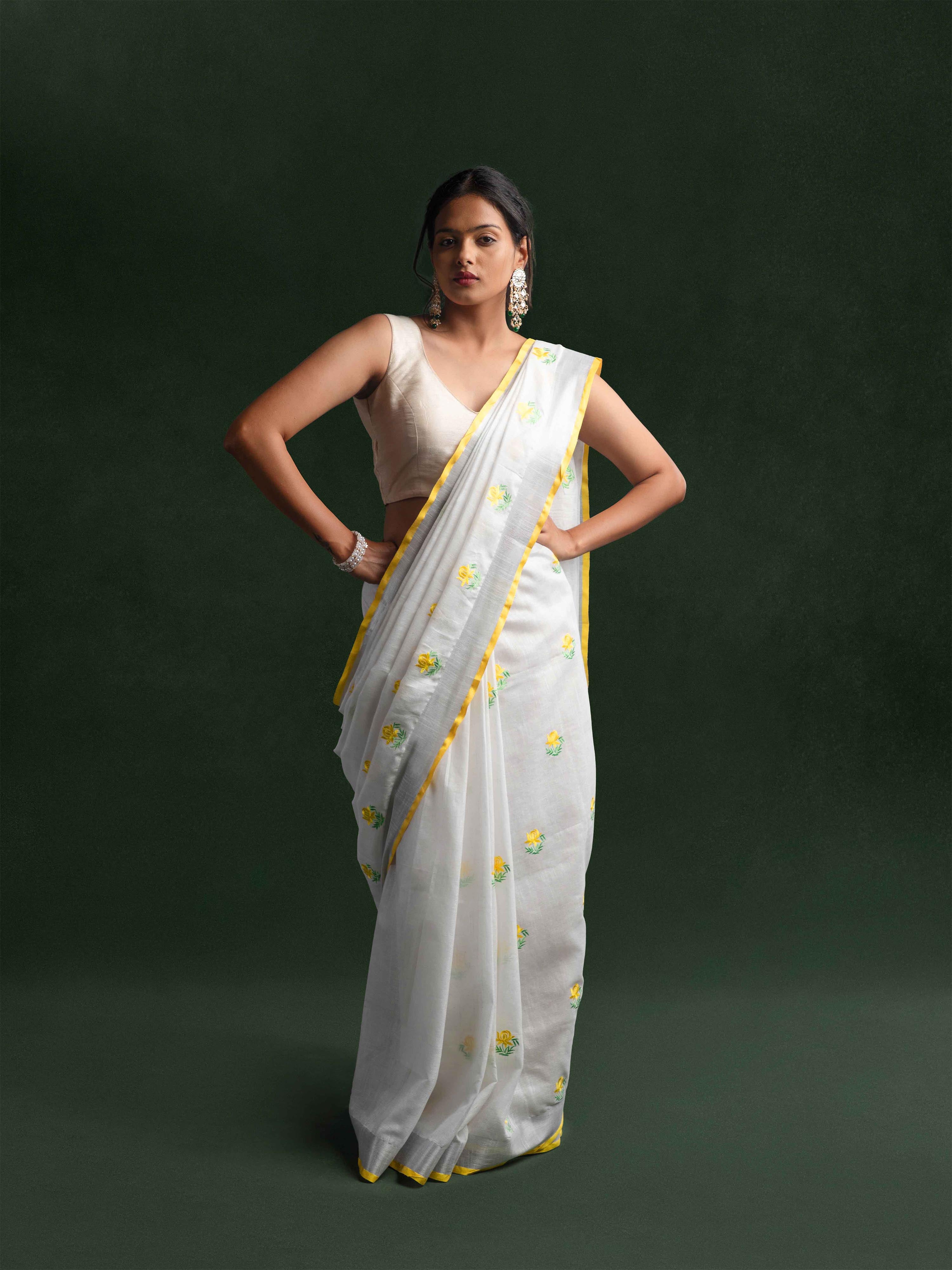 Pure Linen Embroidered Saree in Pearl White