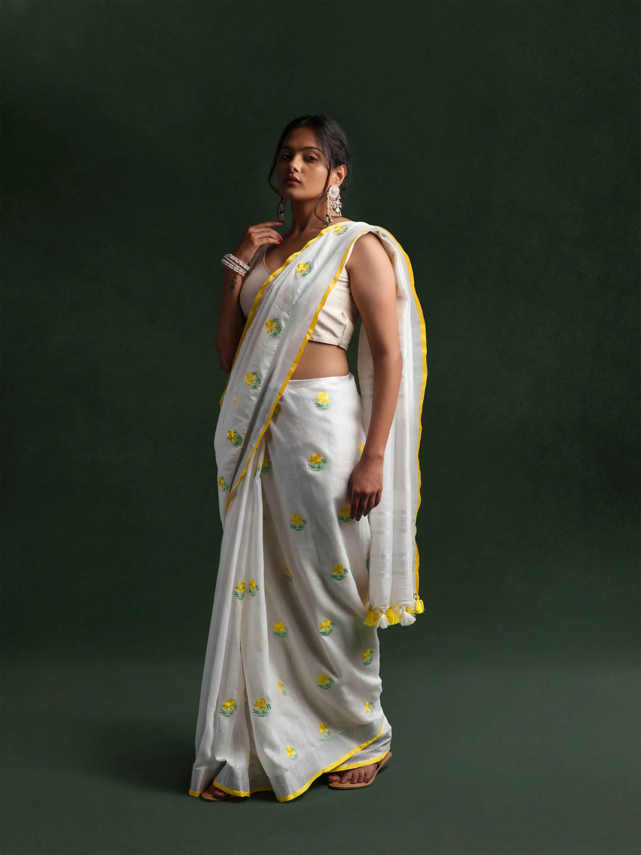 Pure Linen Embroidered Saree in Pearl White