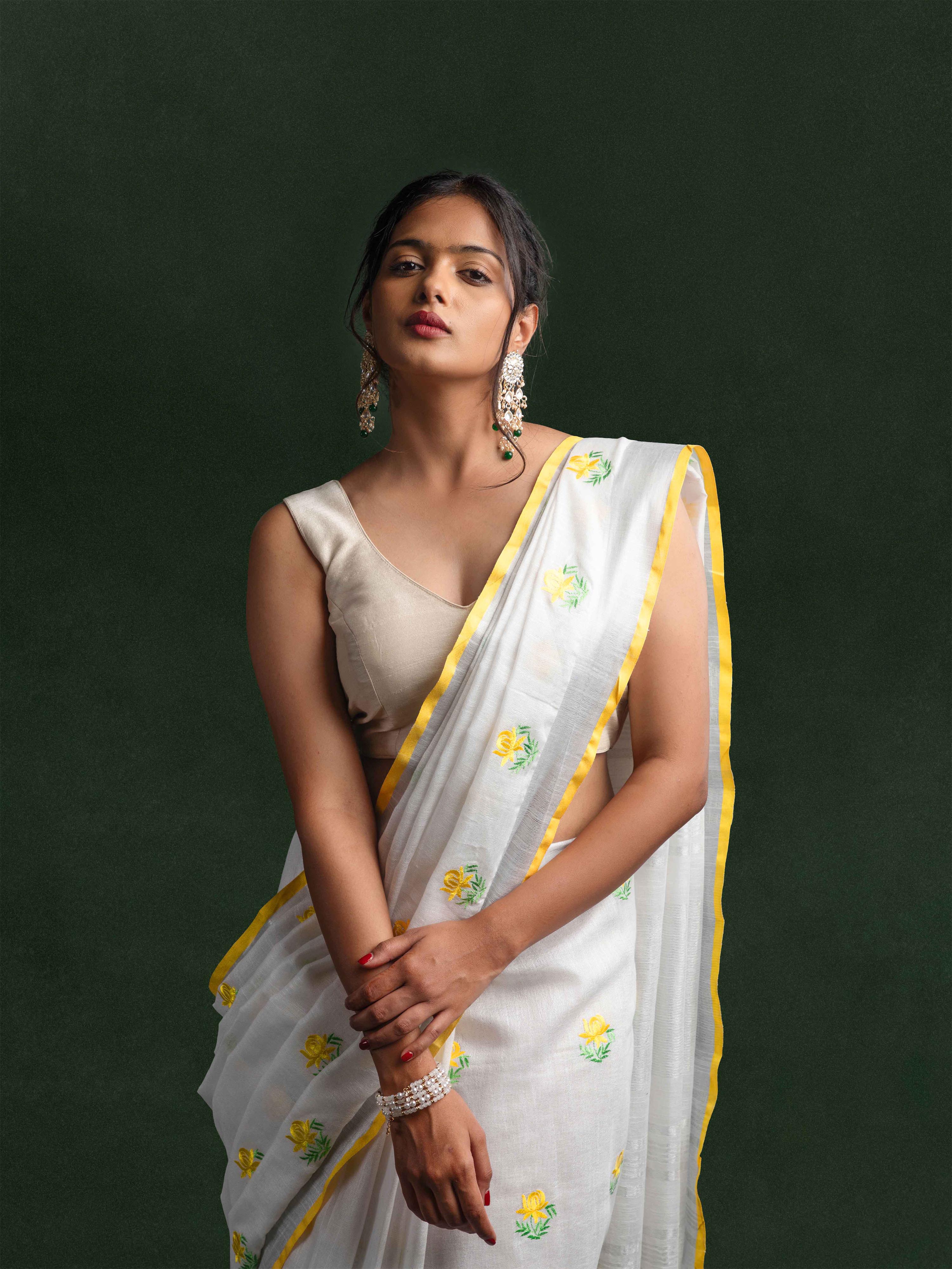 Pure Linen Embroidered Saree in Pearl White