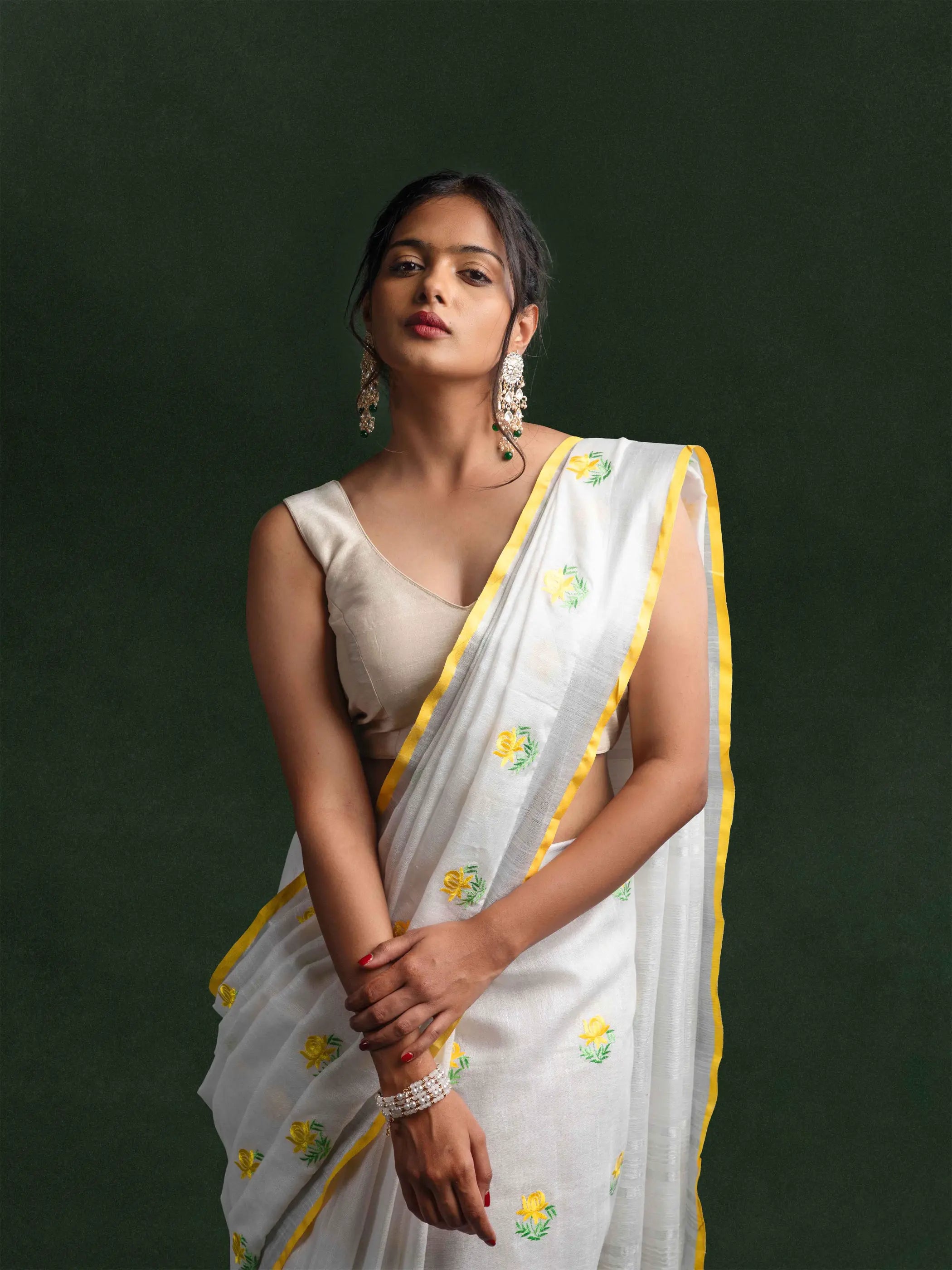 Pure Linen Embroidered Saree in Pearl White