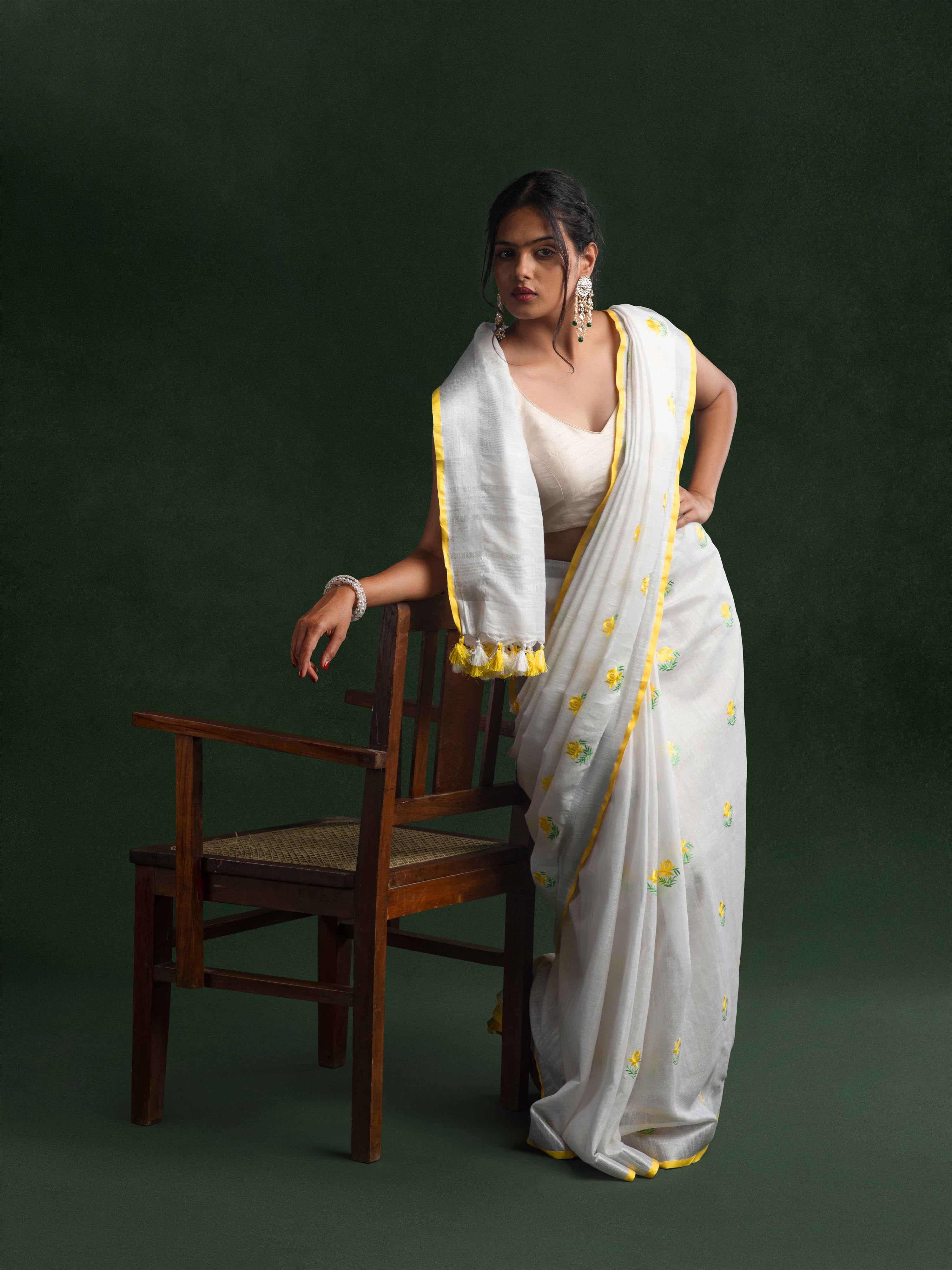 Pure Linen Embroidered Saree in Pearl White