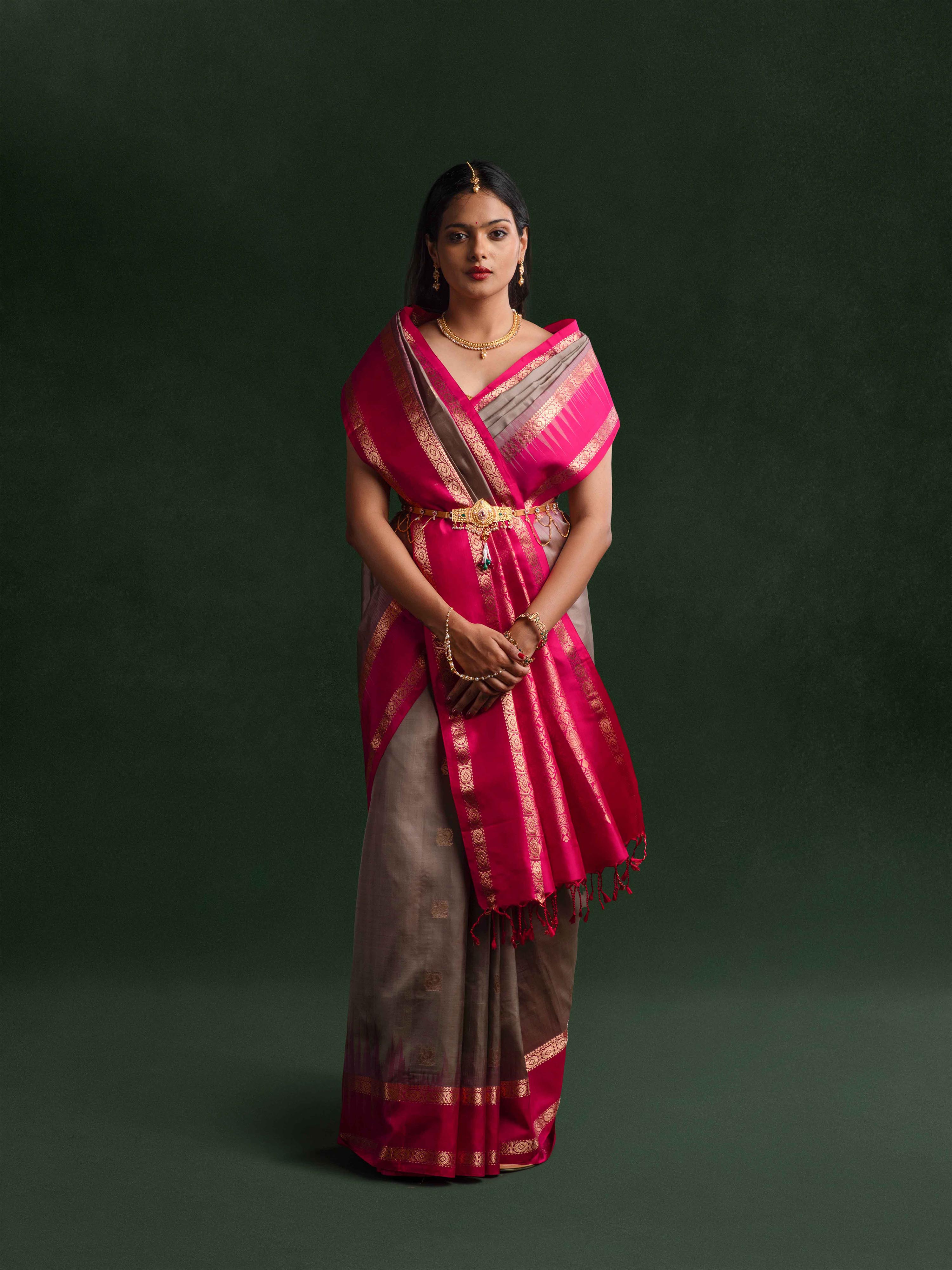 Kanjeevaram Soft Silk Saree in Gunmetal & Magenta
