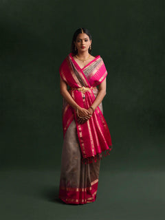 Kanjeevaram Handloom Soft Silk Saree in Gunmetal & Magenta