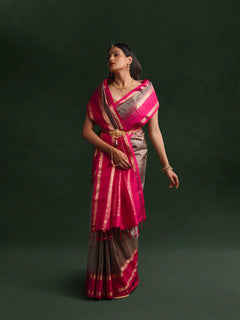 Kanjeevaram Handloom Soft Silk Saree in Gunmetal & Magenta