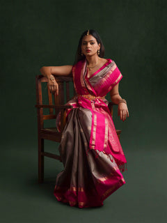 Kanjeevaram Handloom Soft Silk Saree in Gunmetal & Magenta
