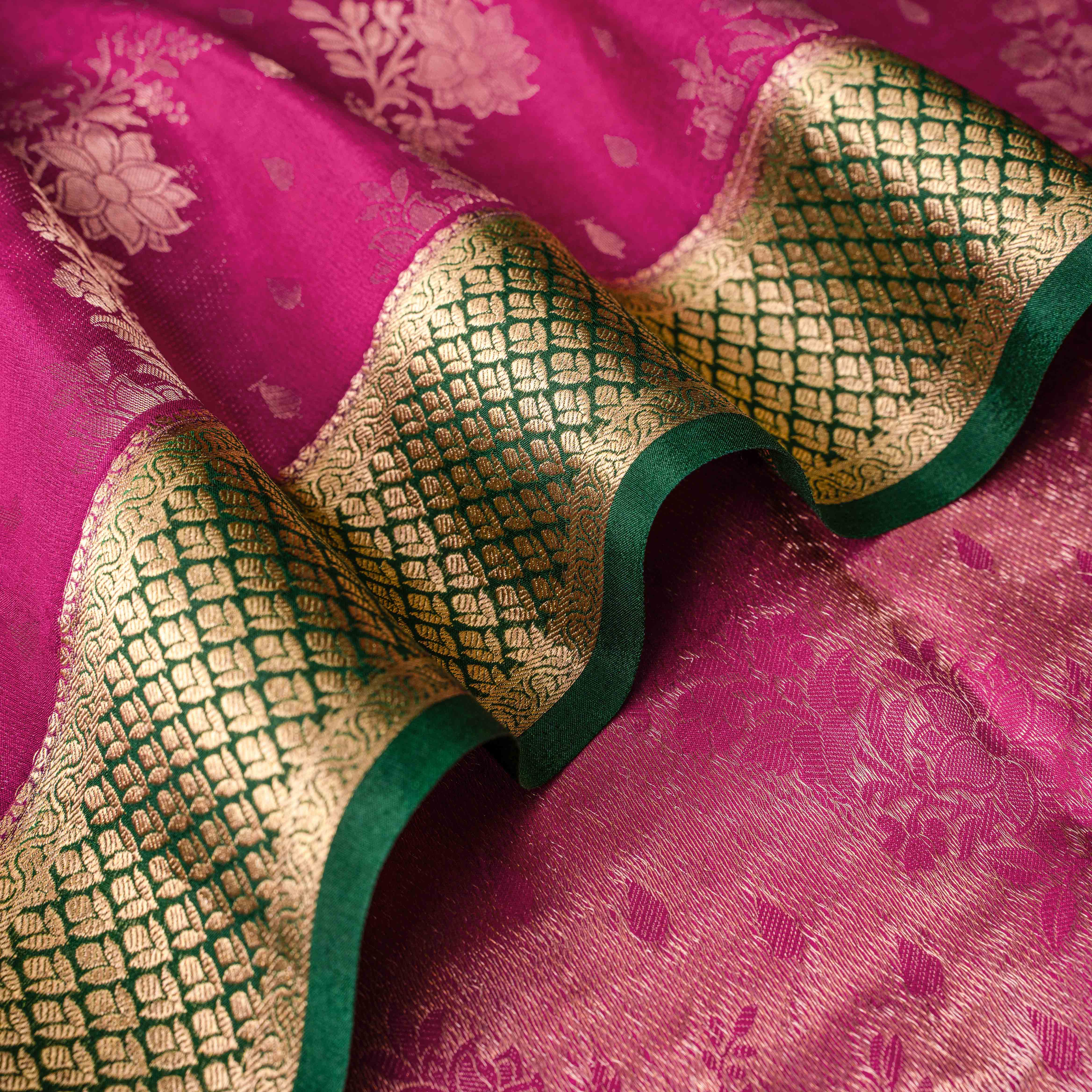 Mysore Crepe Silk Saree in Rani Pink & Deep Emerald