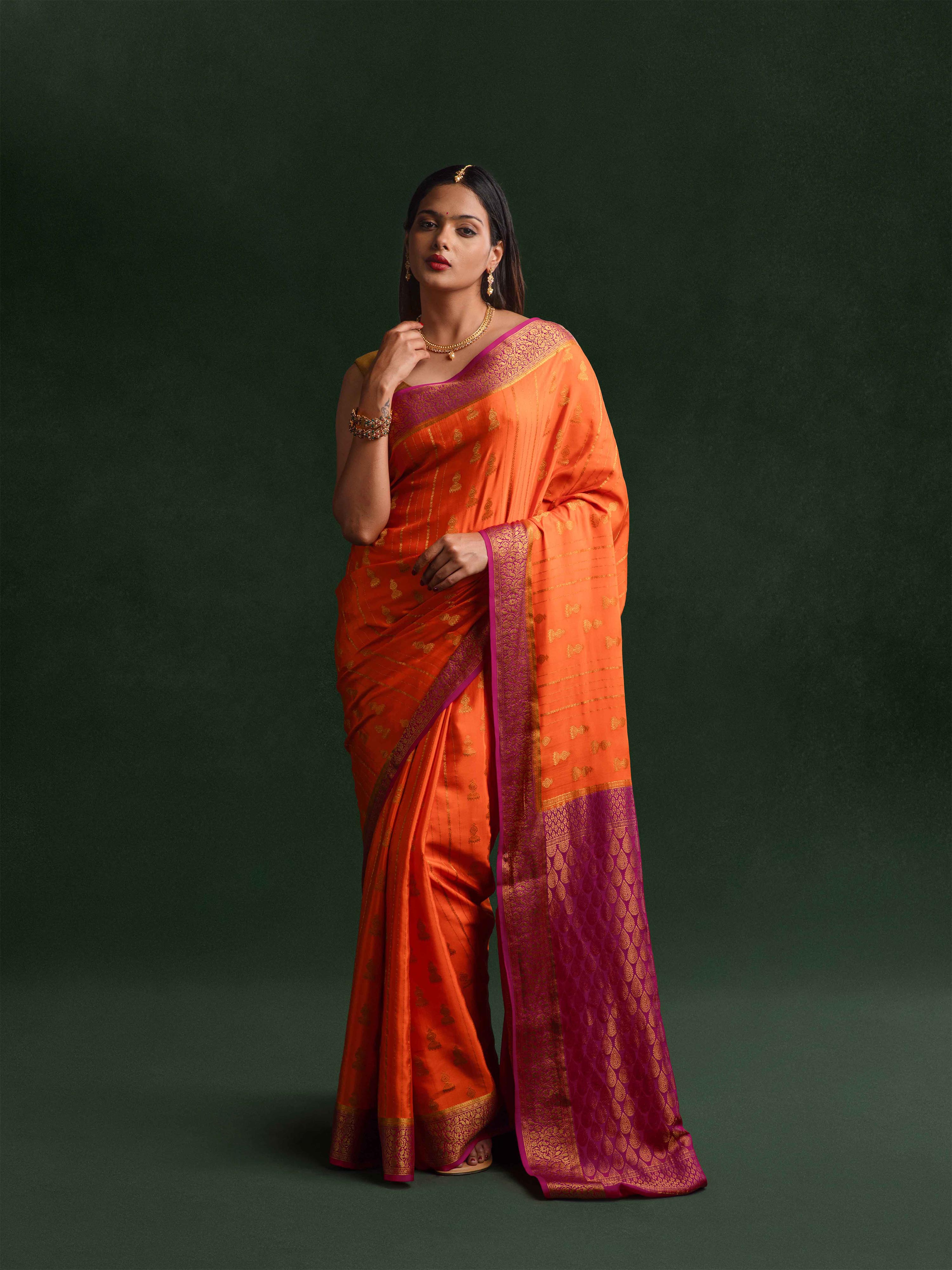 Mysore Crepe Silk Saree in Tangerine & Magenta