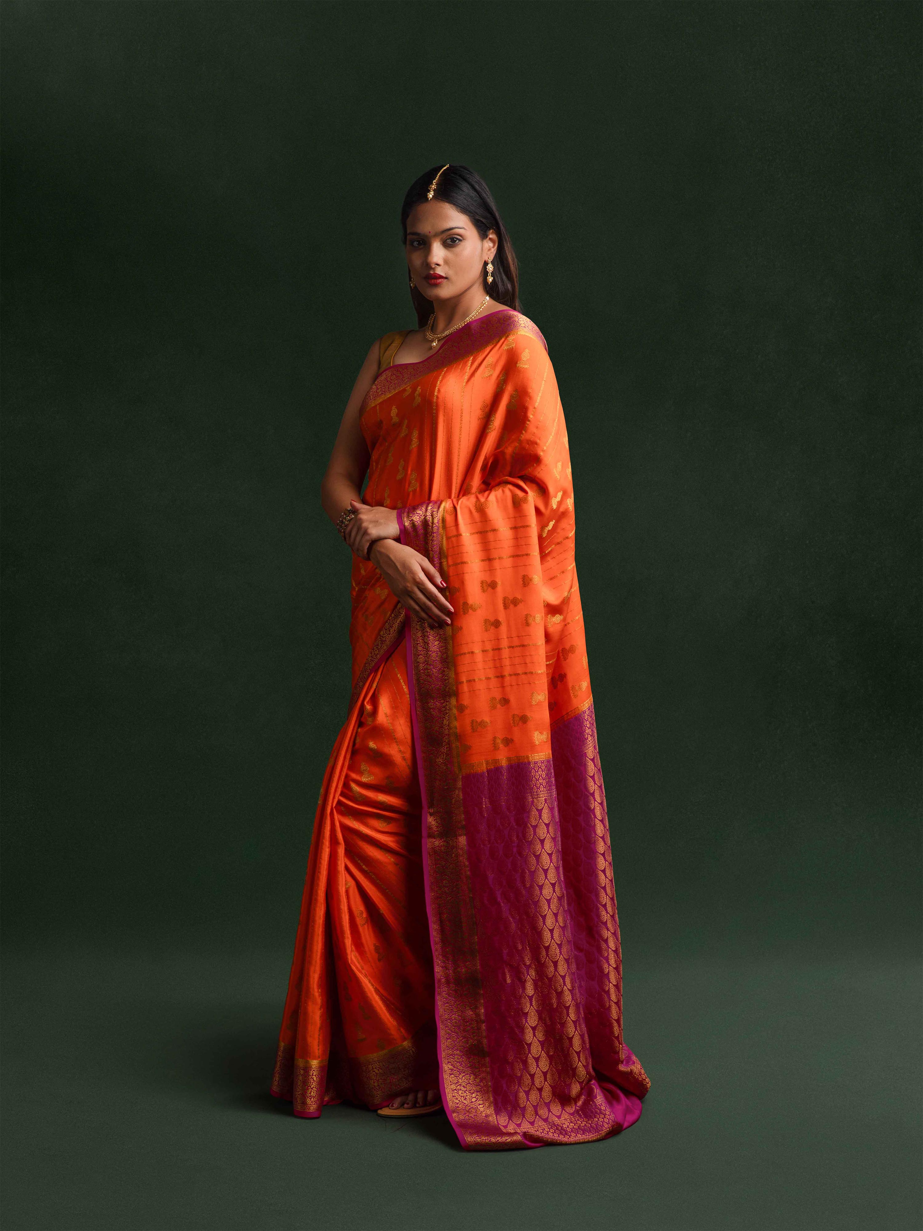 Mysore Crepe Silk Saree in Tangerine & Magenta