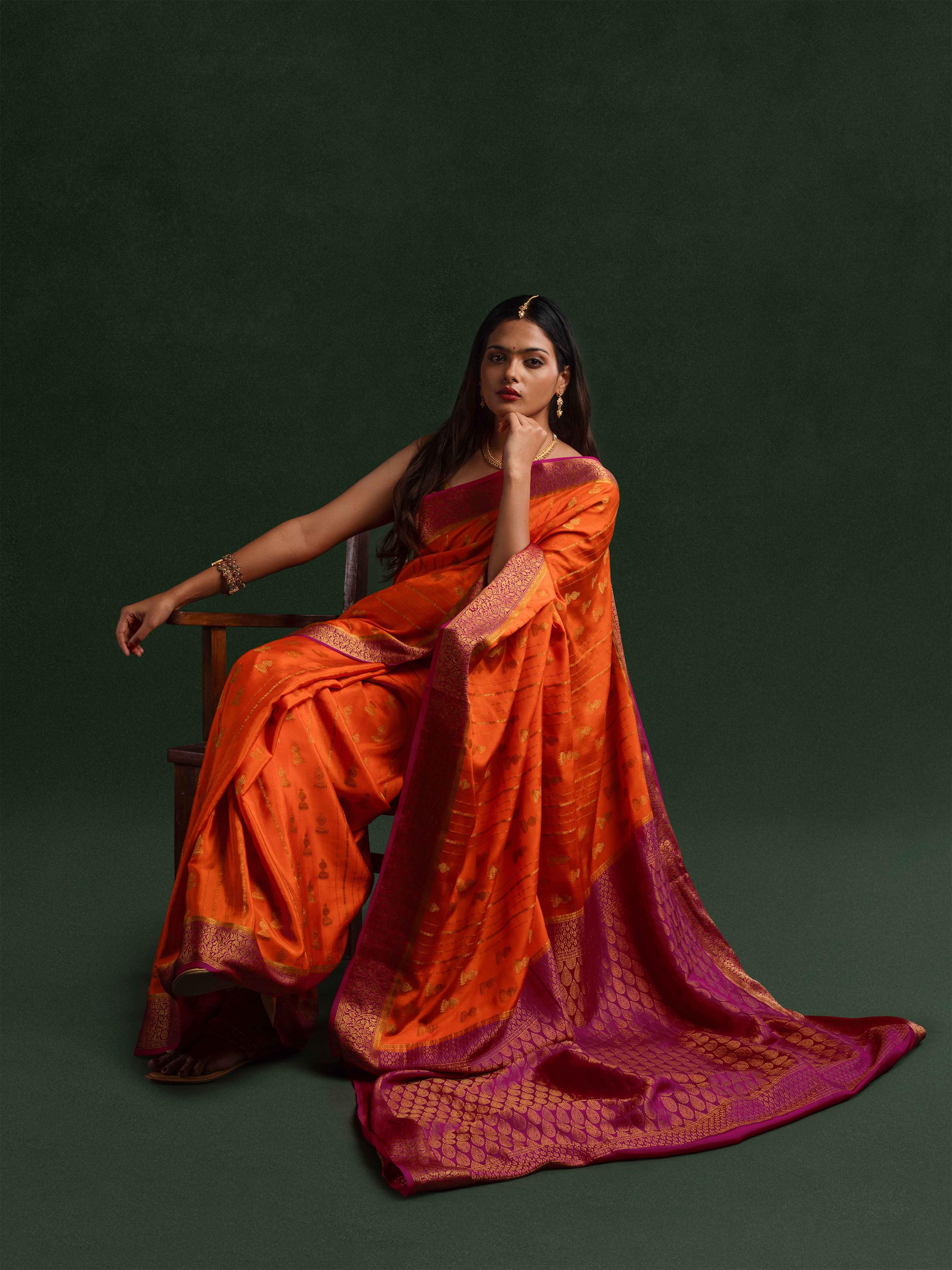 Mysore Crepe Silk Saree in Tangerine & Magenta