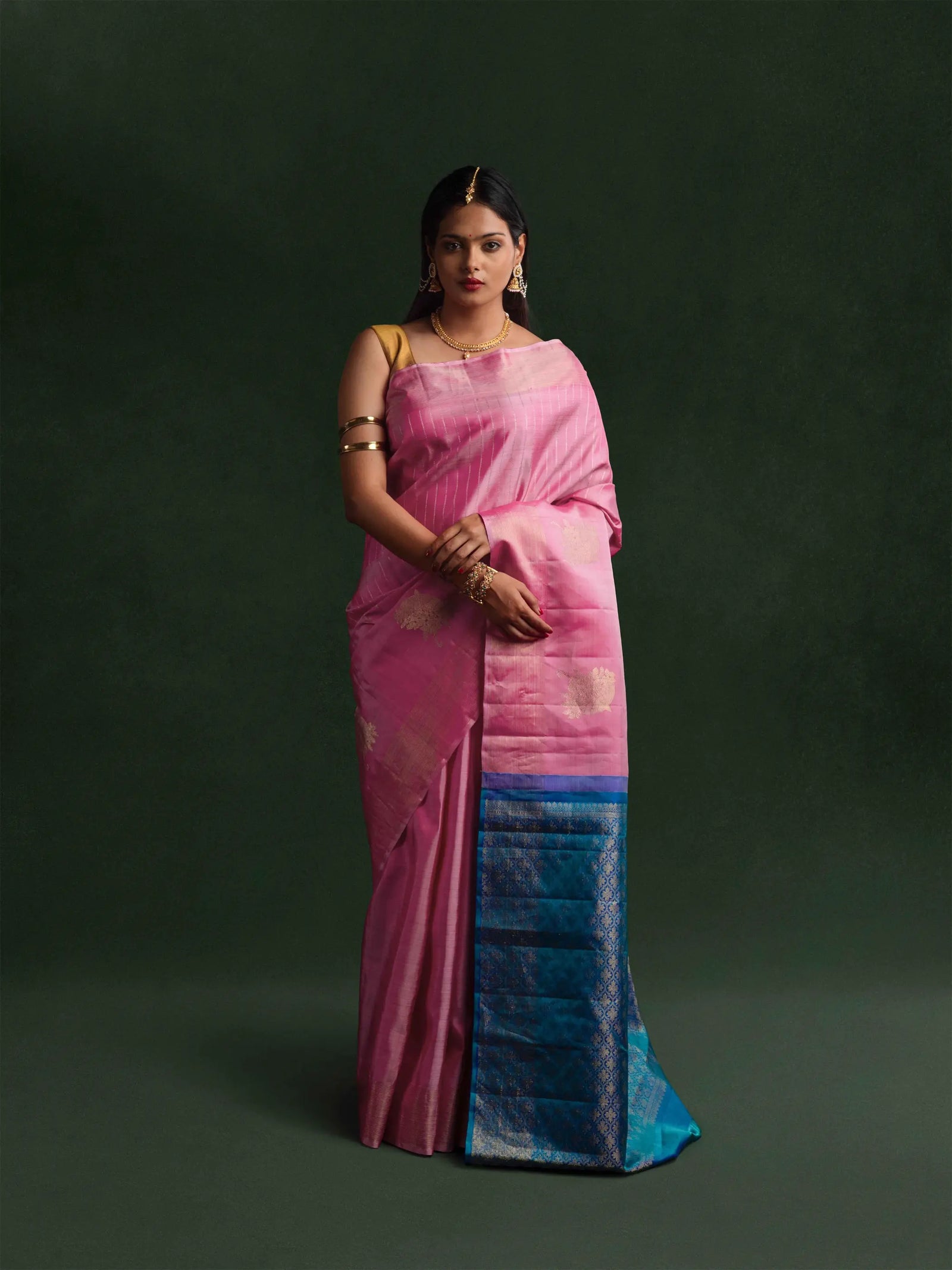 Kanjeevaram Handloom Raw Silk Saree in Fuchsia & Peacock Blue