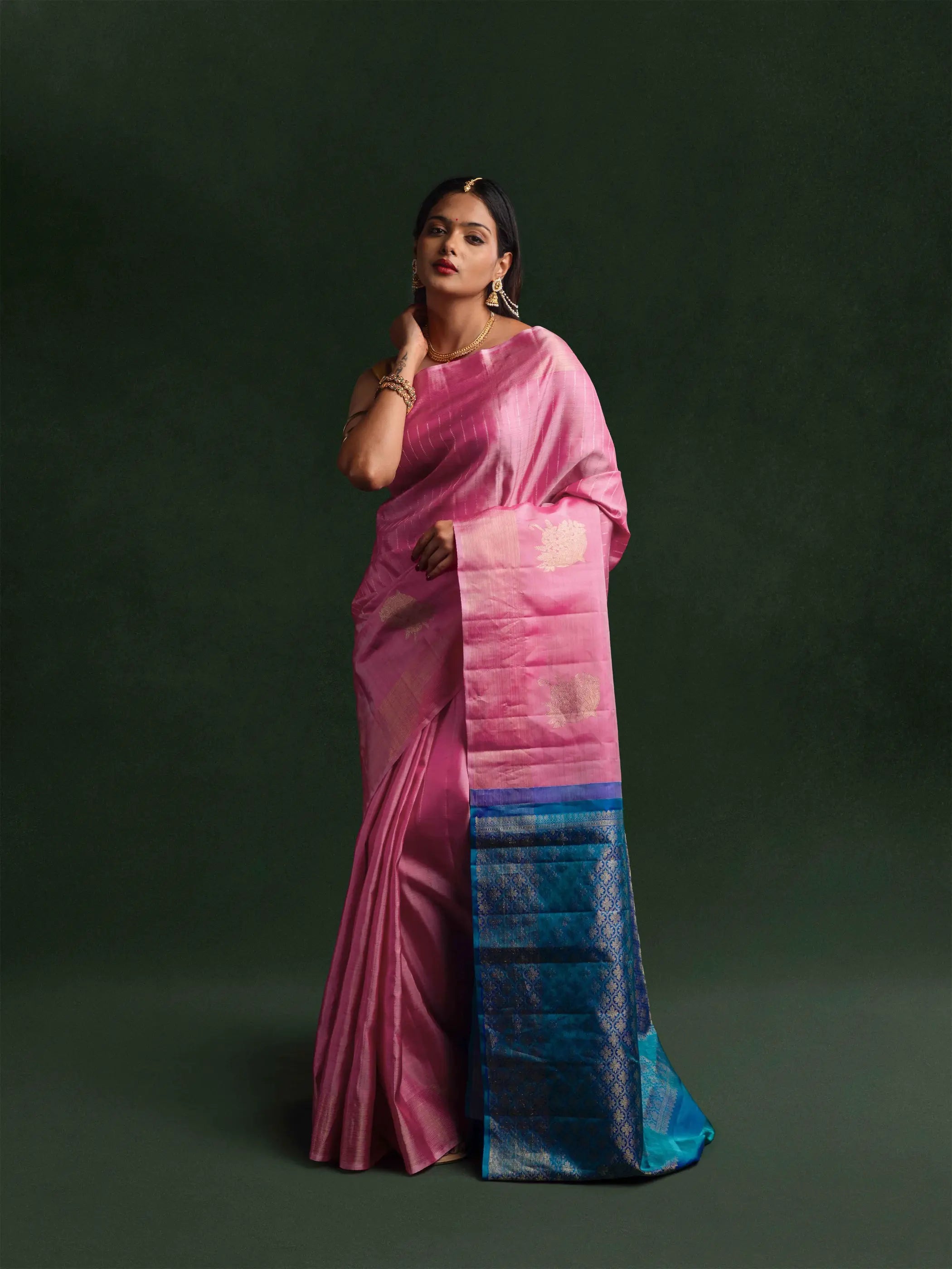 Kanjeevaram Handloom Raw Silk Saree in Fuchsia & Peacock Blue