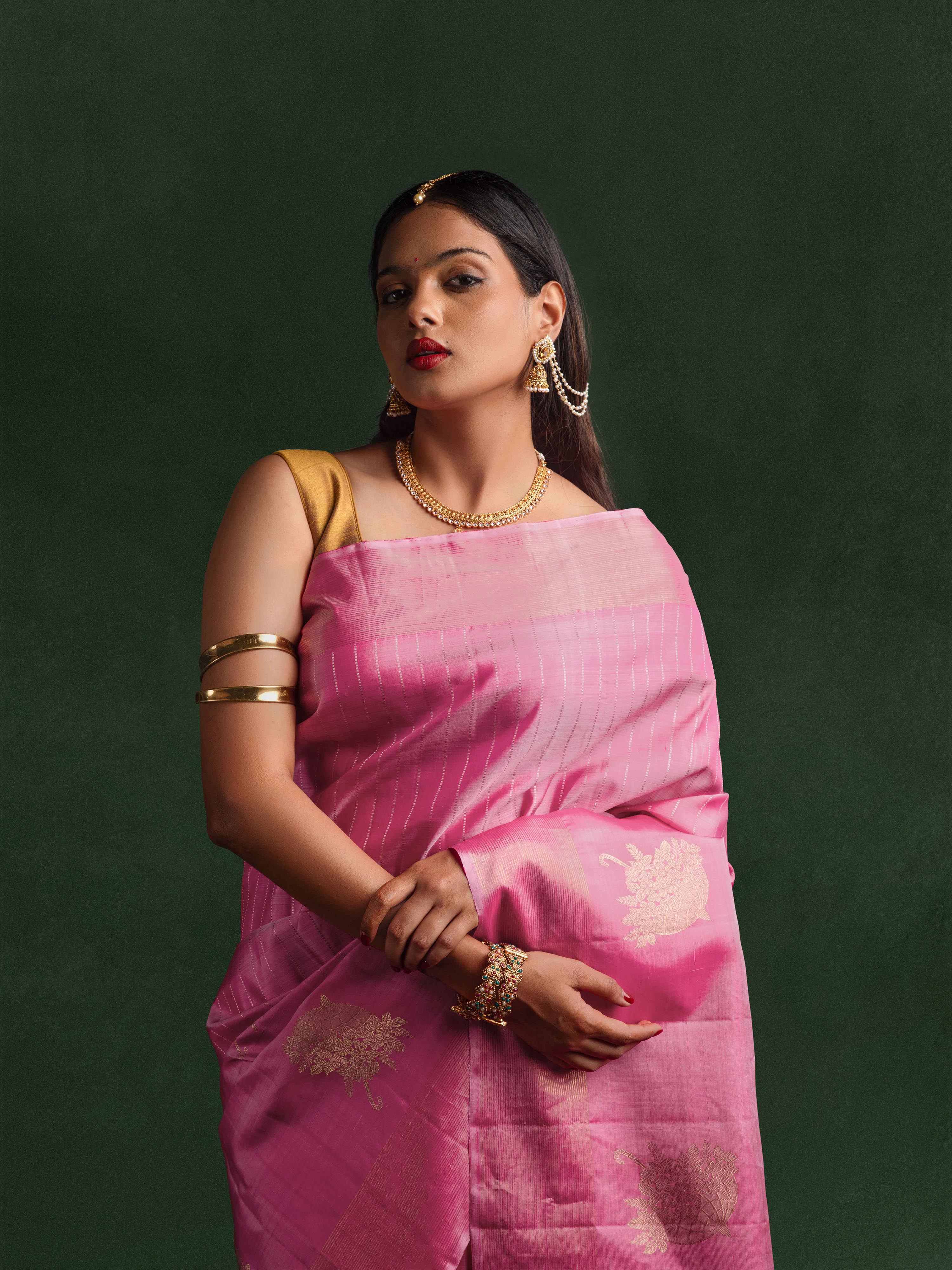 Kanjeevaram Raw Silk Saree in Fuchsia & Peacock Blue