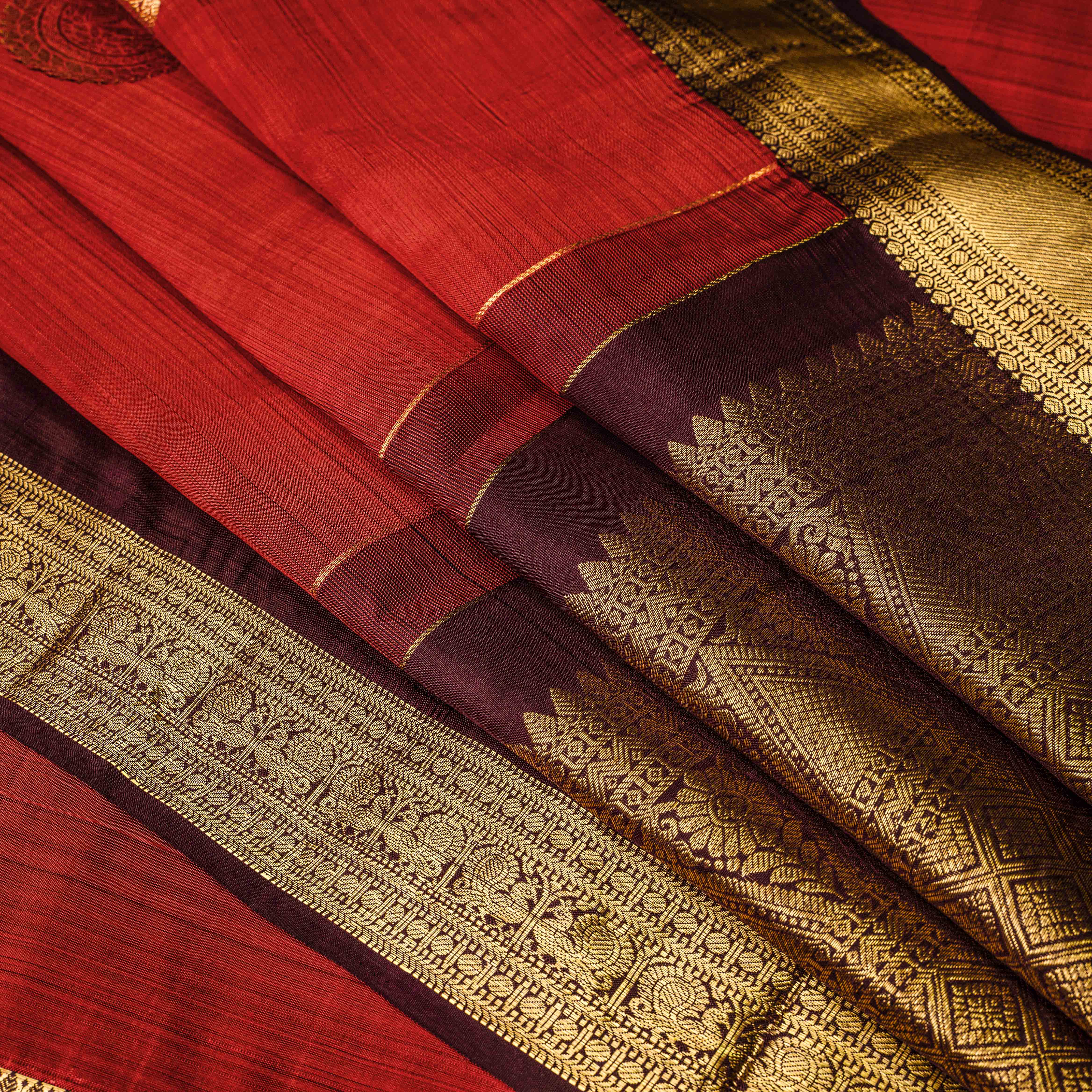 Kanjeevaram Raw Silk Saree in Rust & Royal Wine