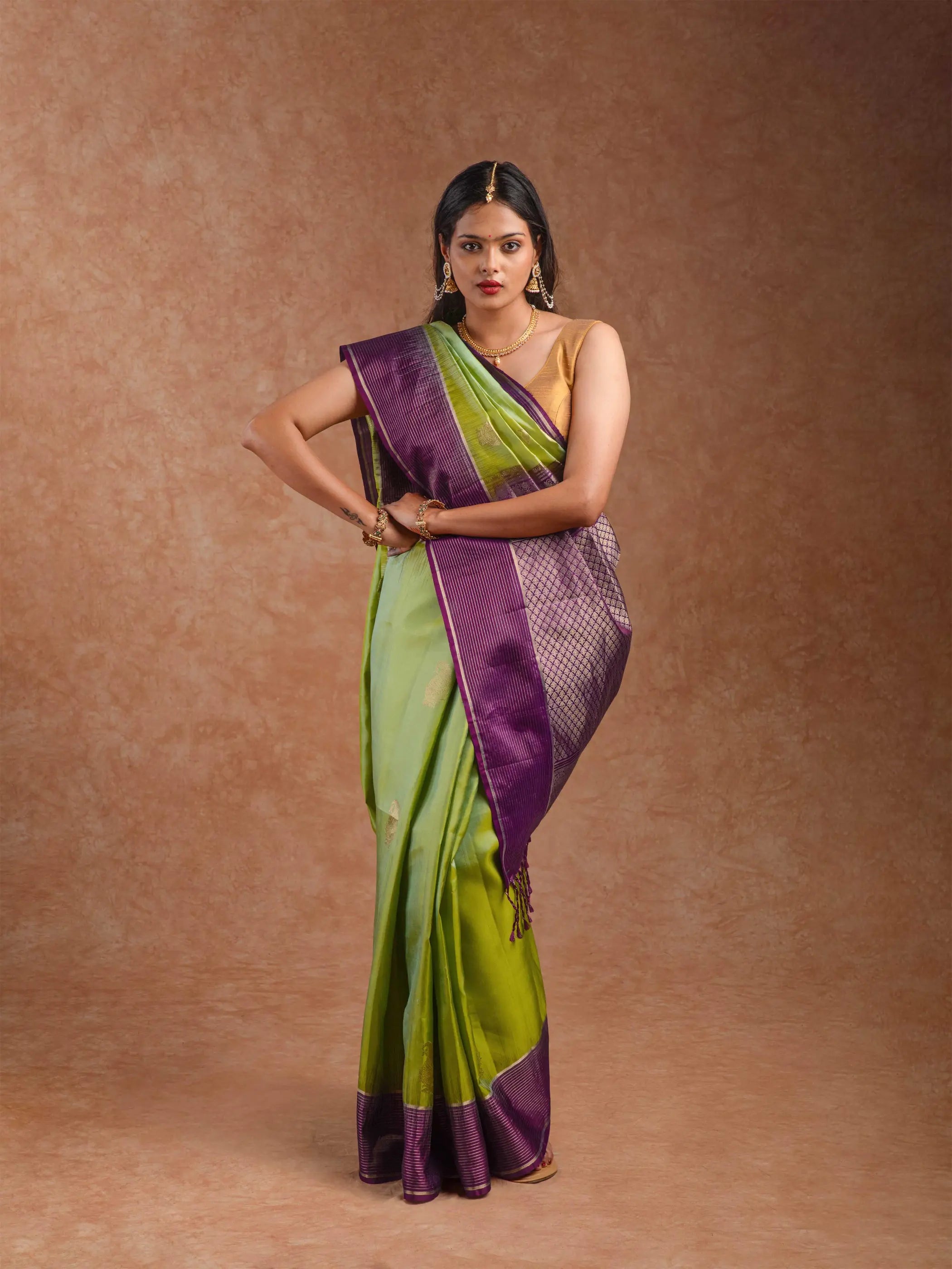 Kanjeevaram Handloom Soft Silk Saree in Lime & Mulberry