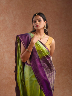 Kanjeevaram Handloom Soft Silk Saree in Lime & Mulberry