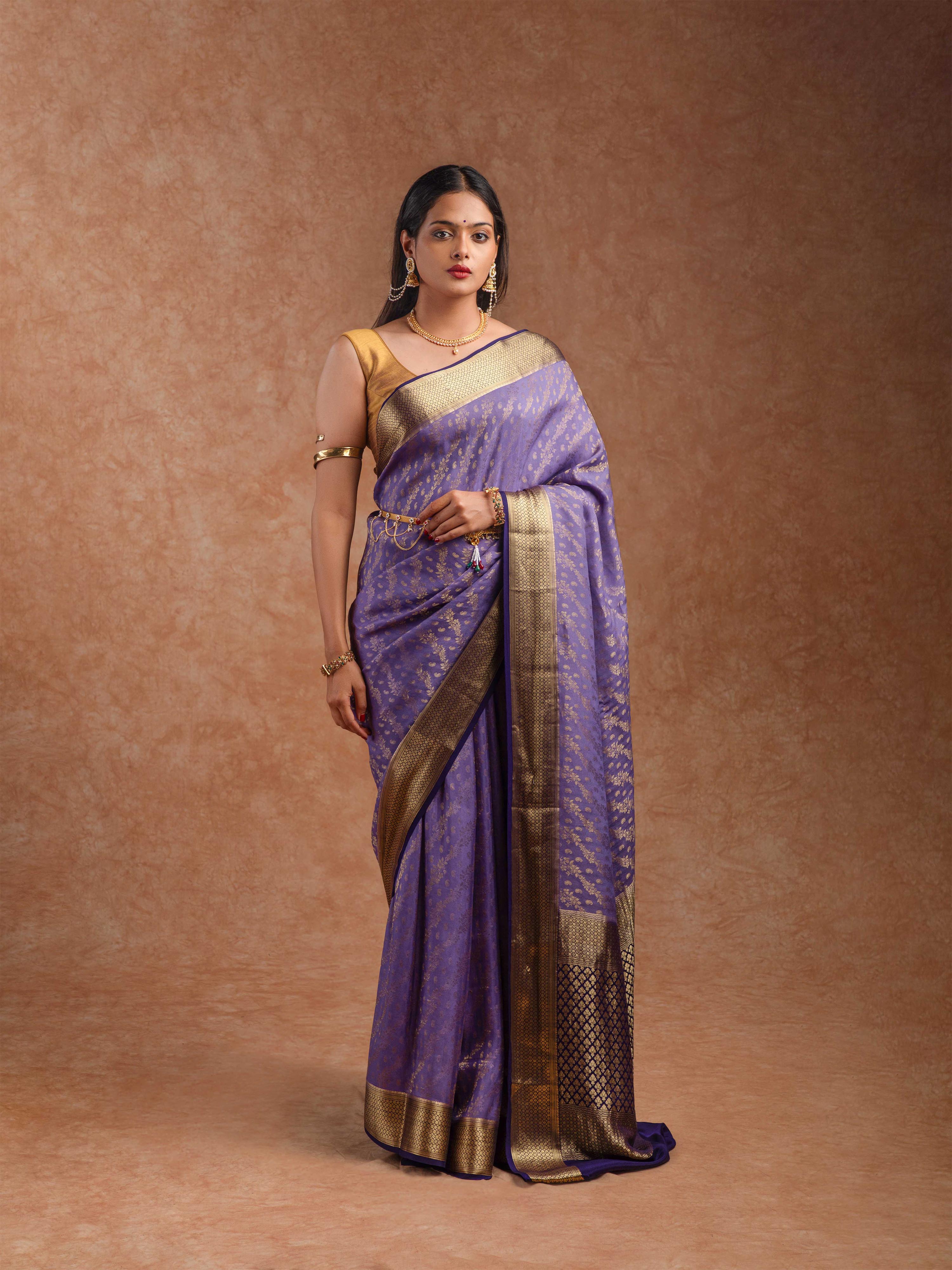 Mysore Crepe Silk Saree in Dusty Violet & Black