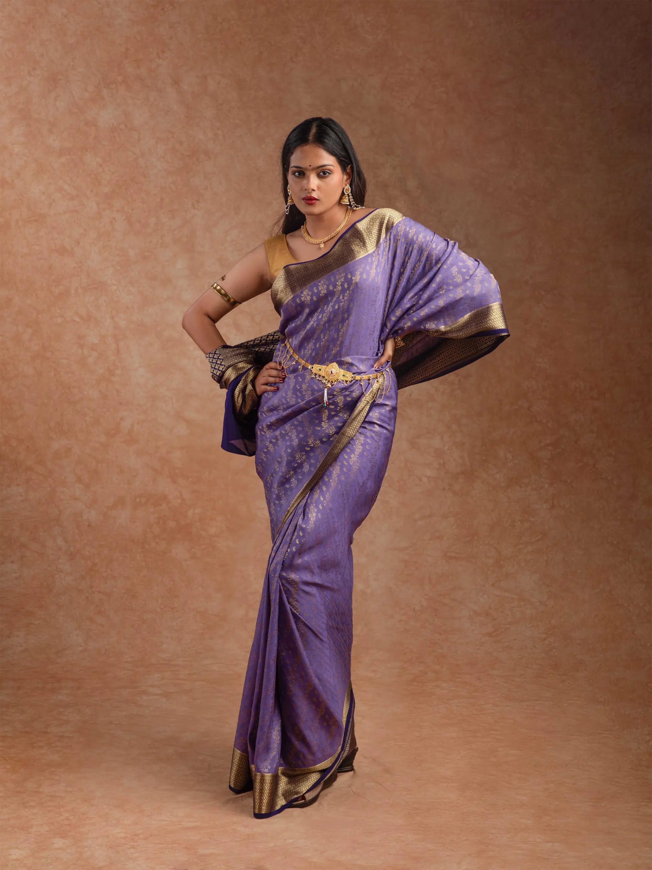 Mysore Crepe Silk Saree in Dusty Violet & Black