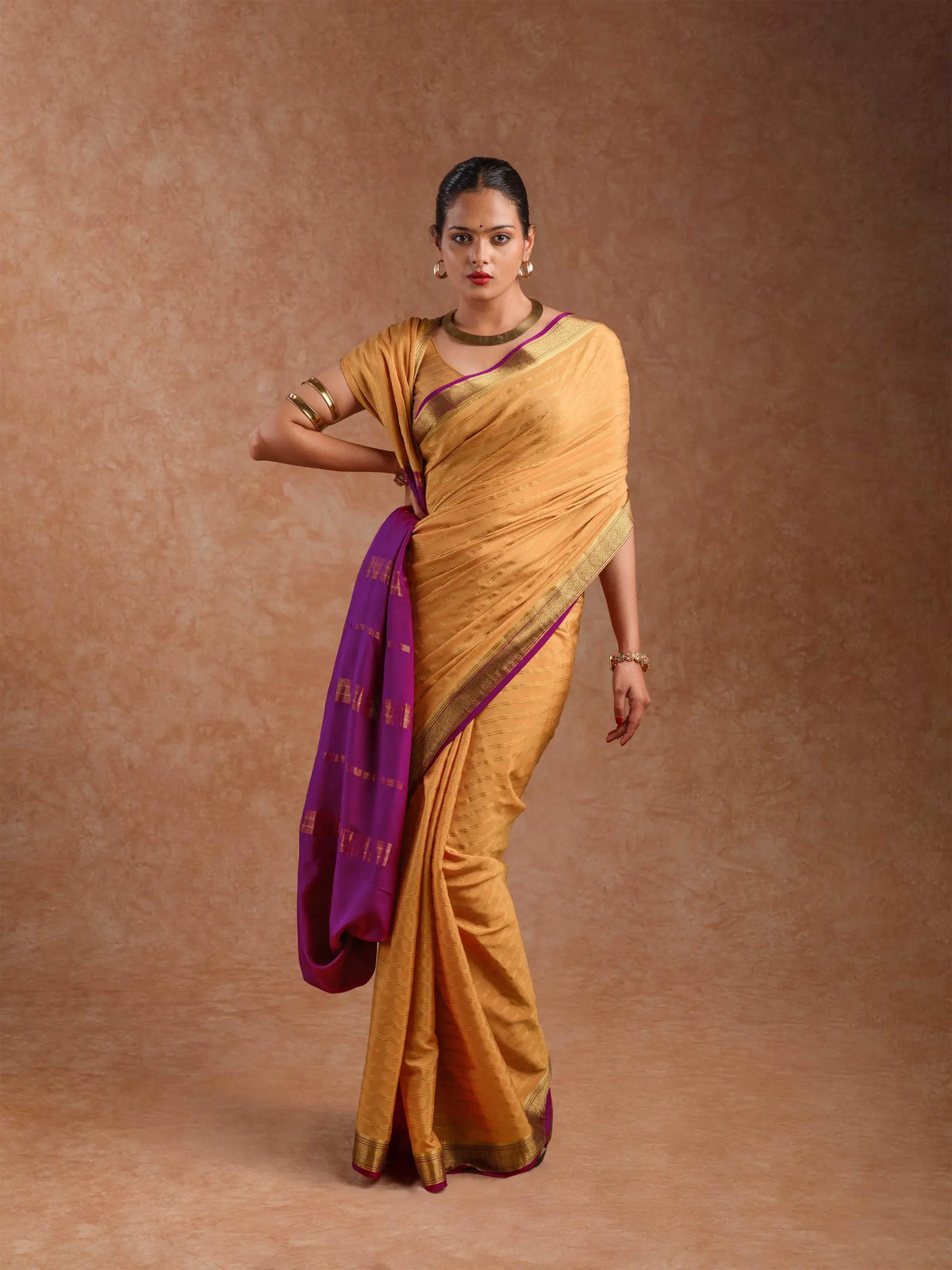 Mysore Crepe Silk Striped Saree in Burnished Ochre & Wine