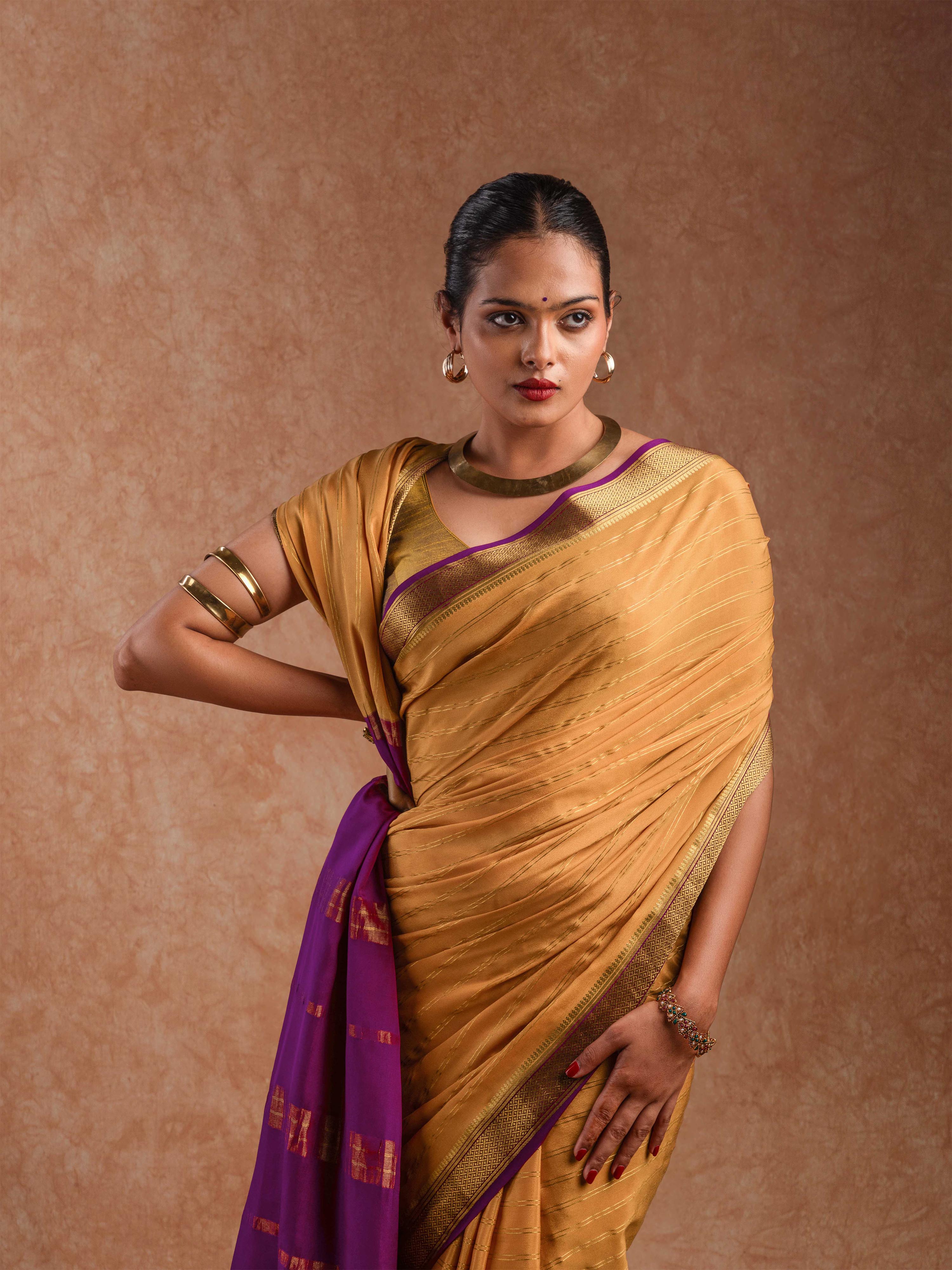Mysore Crepe Silk Striped Saree in Burnished Ochre & Wine
