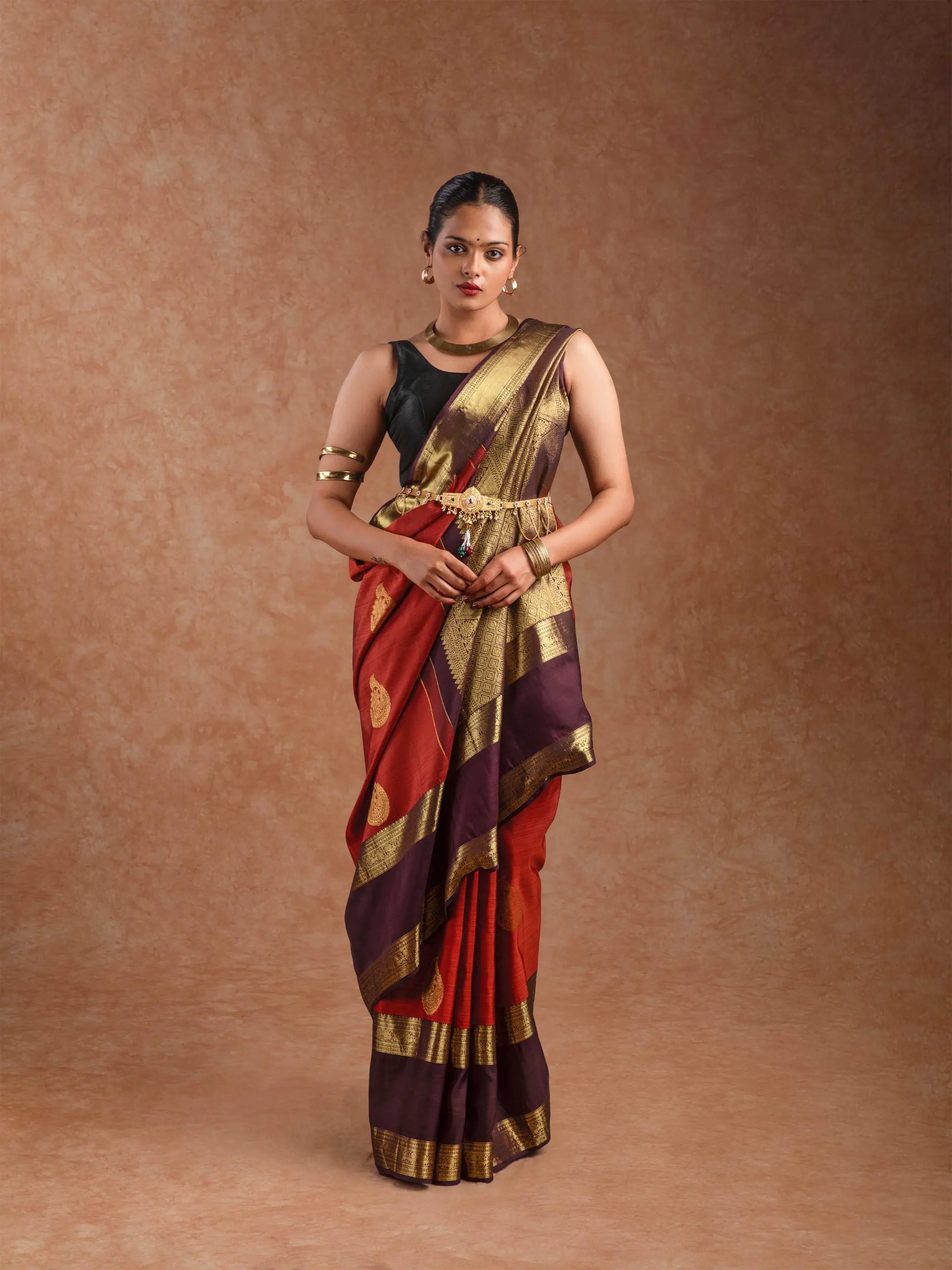 Kanjeevaram Handloom Raw Silk Saree in Rust & Royal Wine