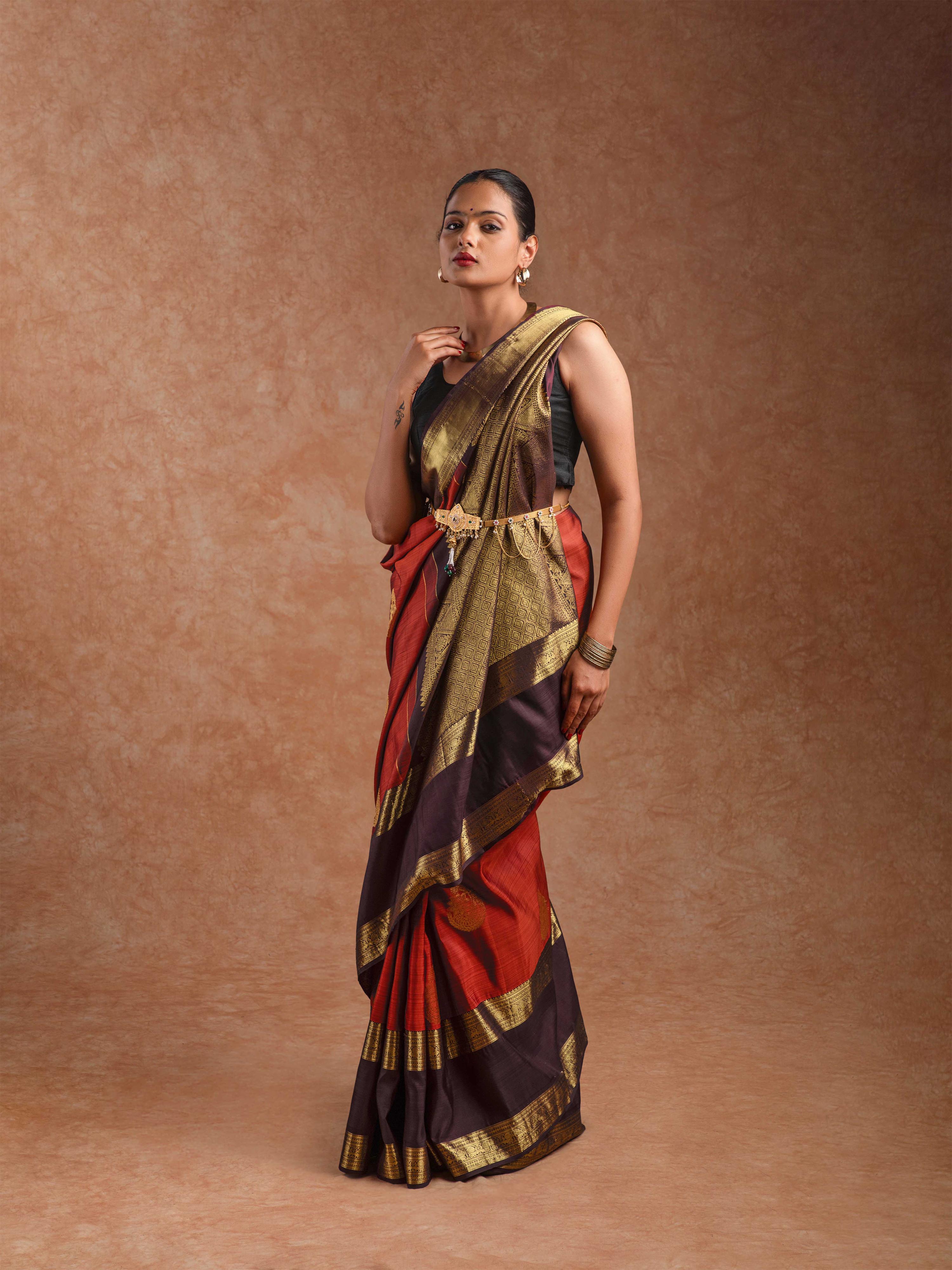Kanjeevaram Raw Silk Saree in Rust & Royal Wine