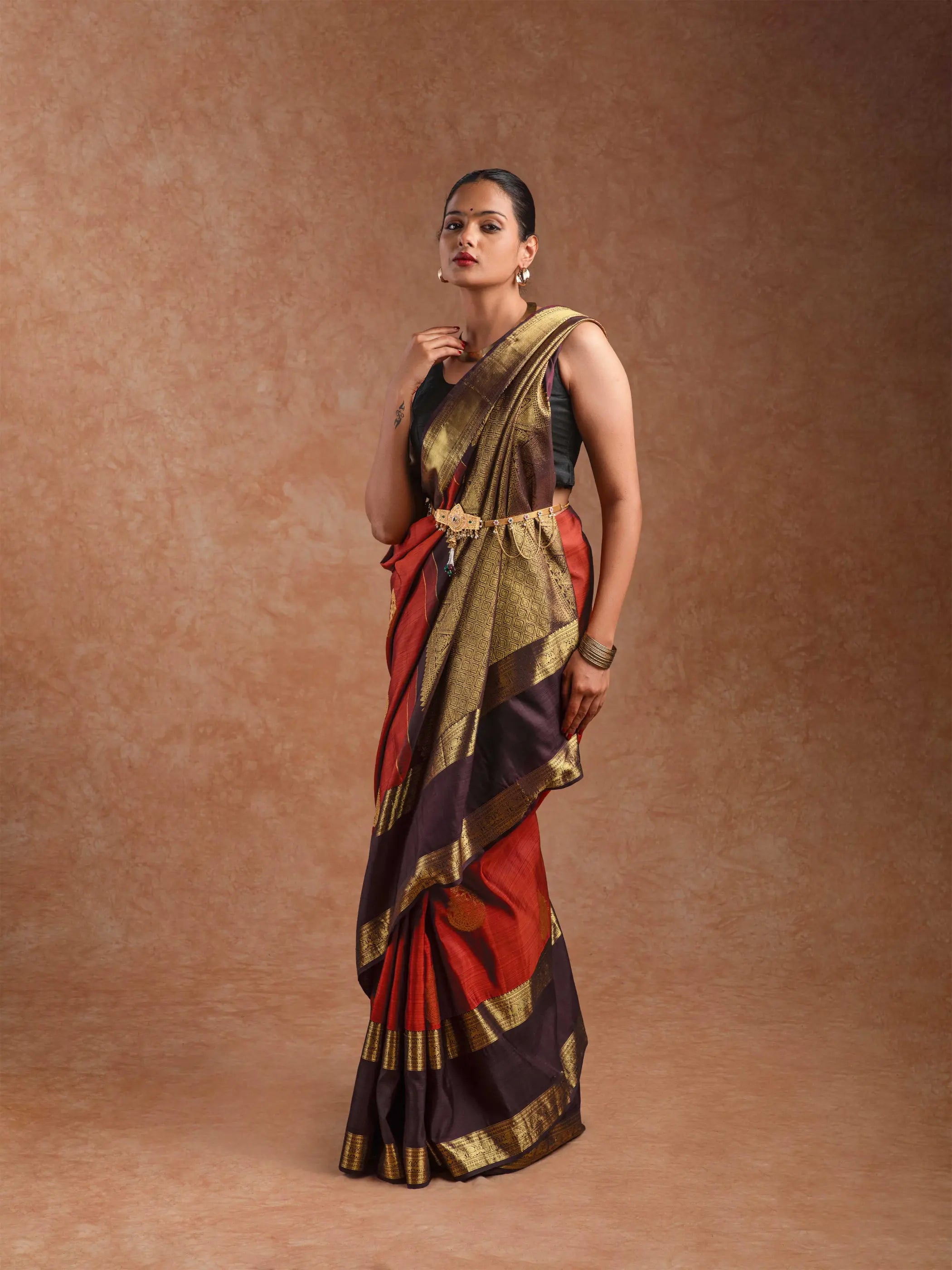 Kanjeevaram Handloom Raw Silk Saree in Rust & Royal Wine