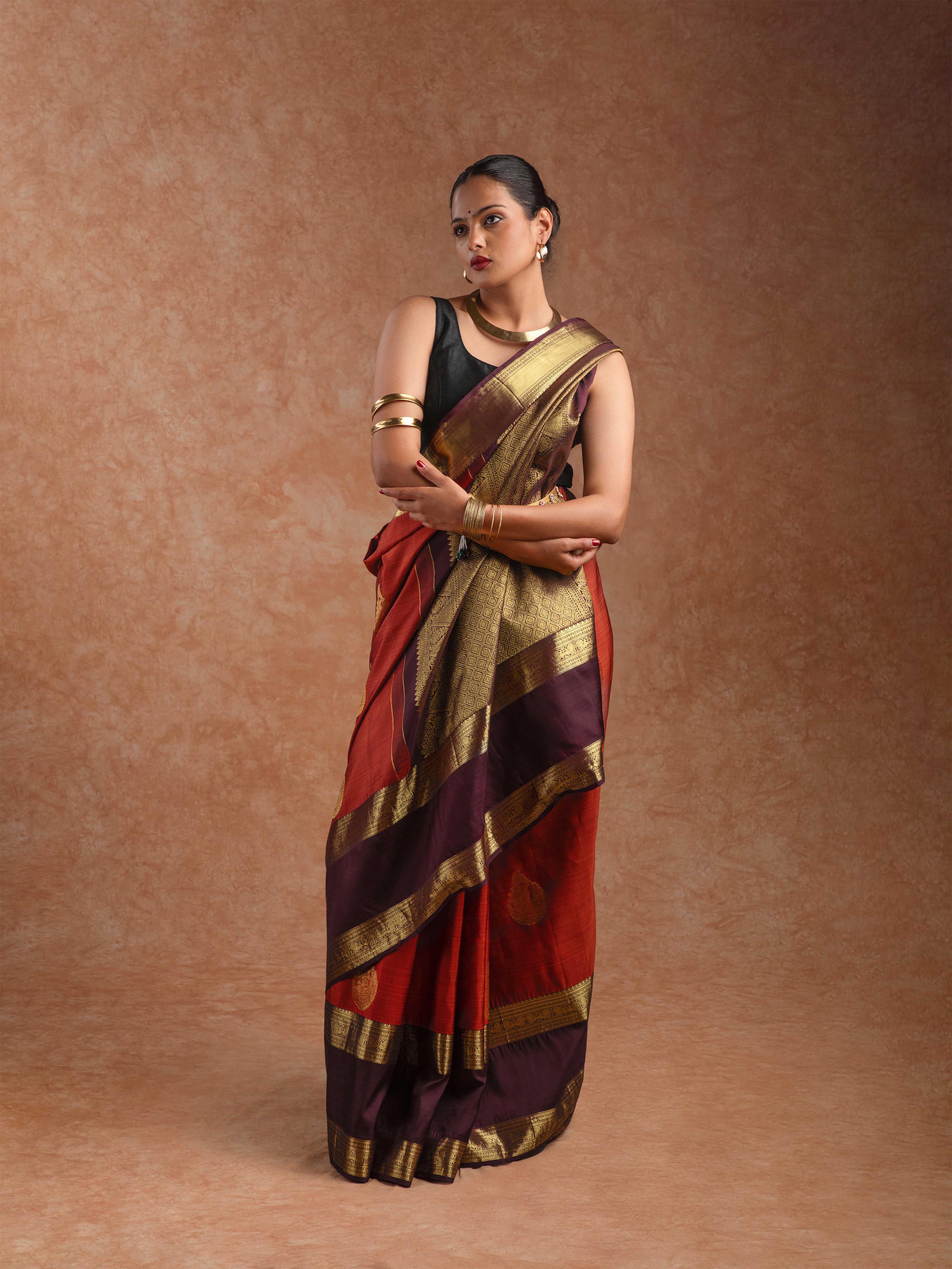 Kanjeevaram Raw Silk Saree in Rust & Royal Wine