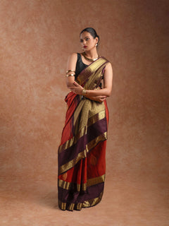 Kanjeevaram Handloom Raw Silk Saree in Rust & Royal Wine
