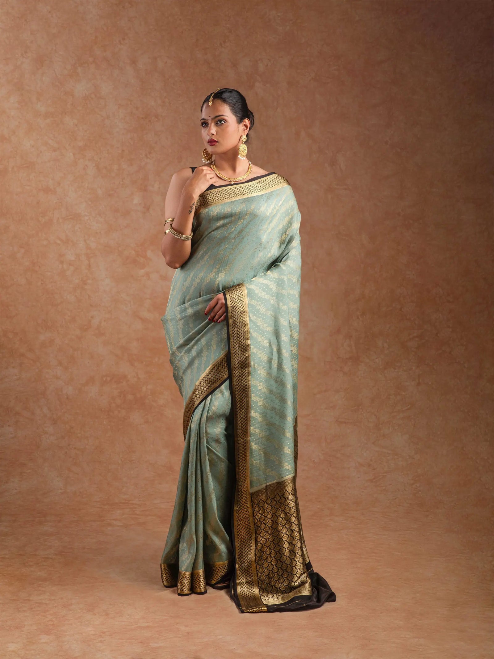 Mysore Crepe Silk Saree in Dusty Aqua & Jet Black