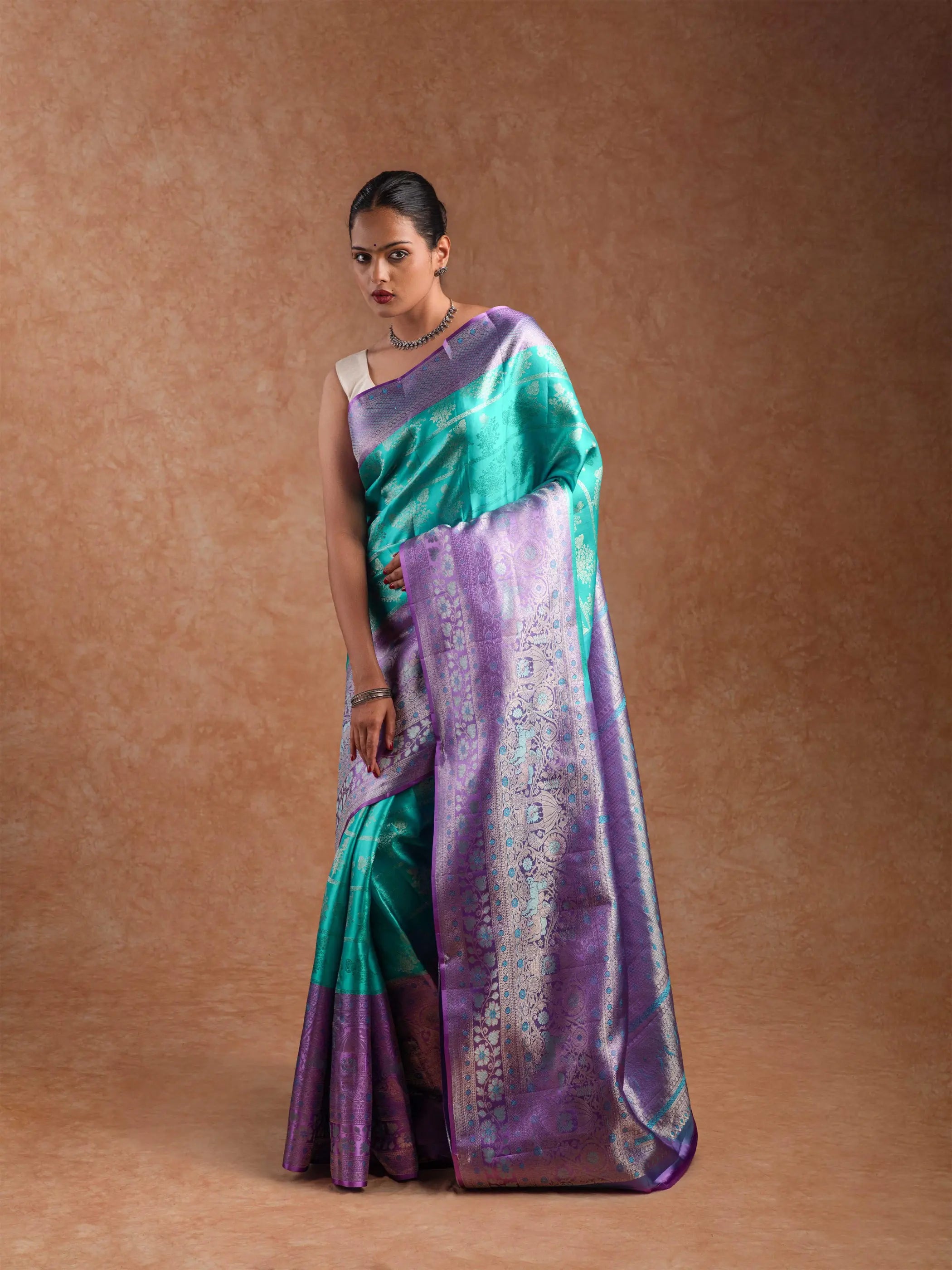 Kanjeevaram Handloom Raw Silk Saree in Aqua & Lilac
